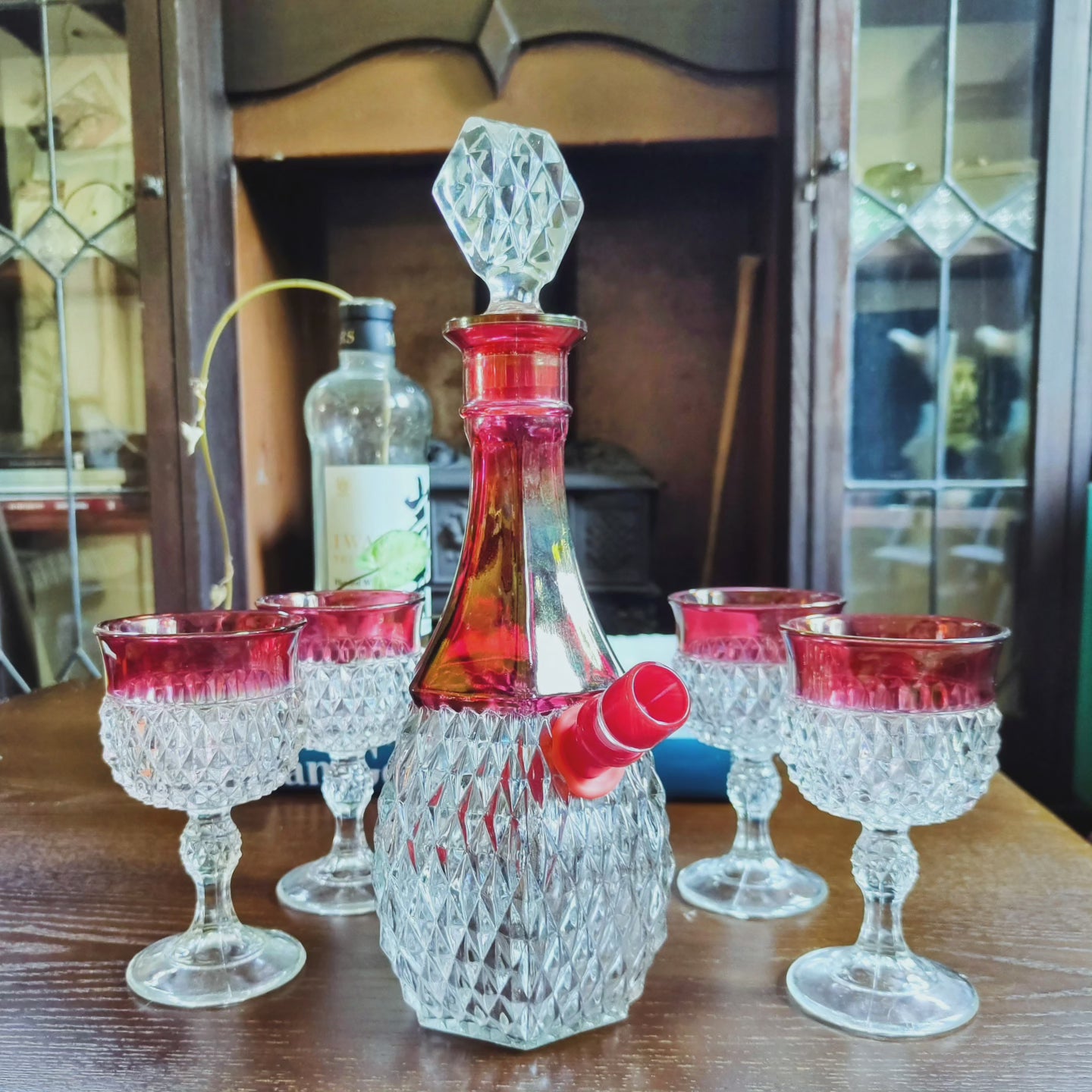 1960s usa made ruby and crystal decanter bong set by indiana glass