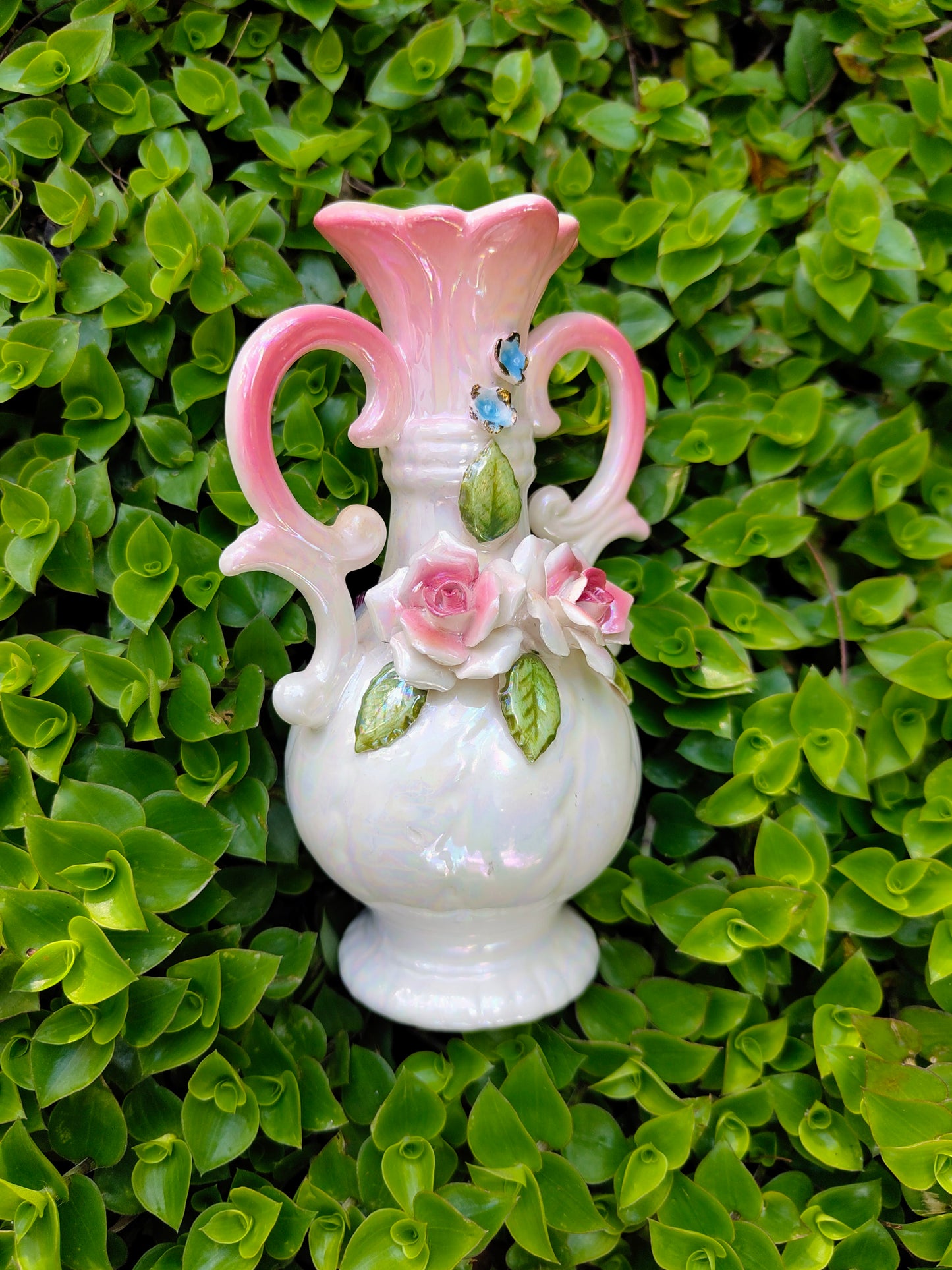 vintage japanese vase with hand painted florals and opalescent glaze