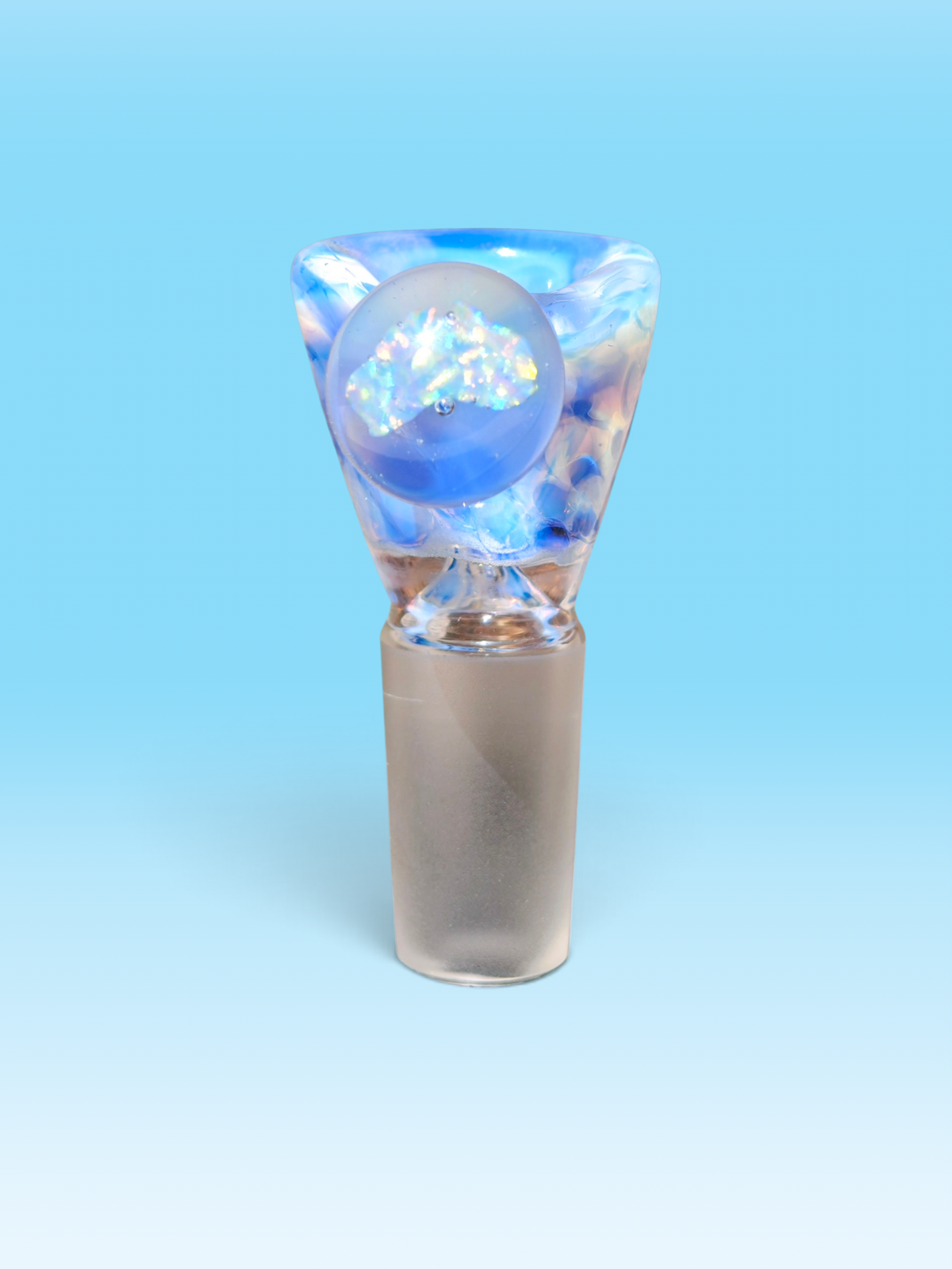 hand blown blue and white 14mm bowl with an australian shaped opal handle