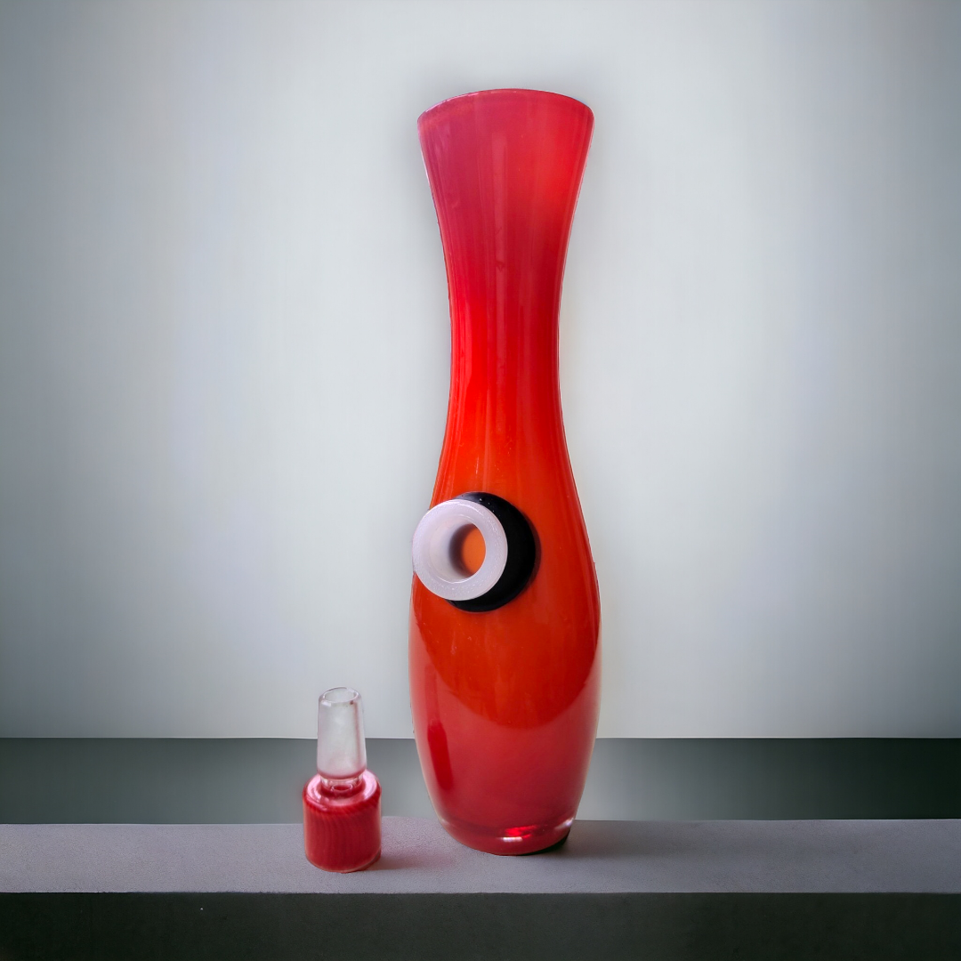 beautiful 80s red hand blown art glass bong with handle