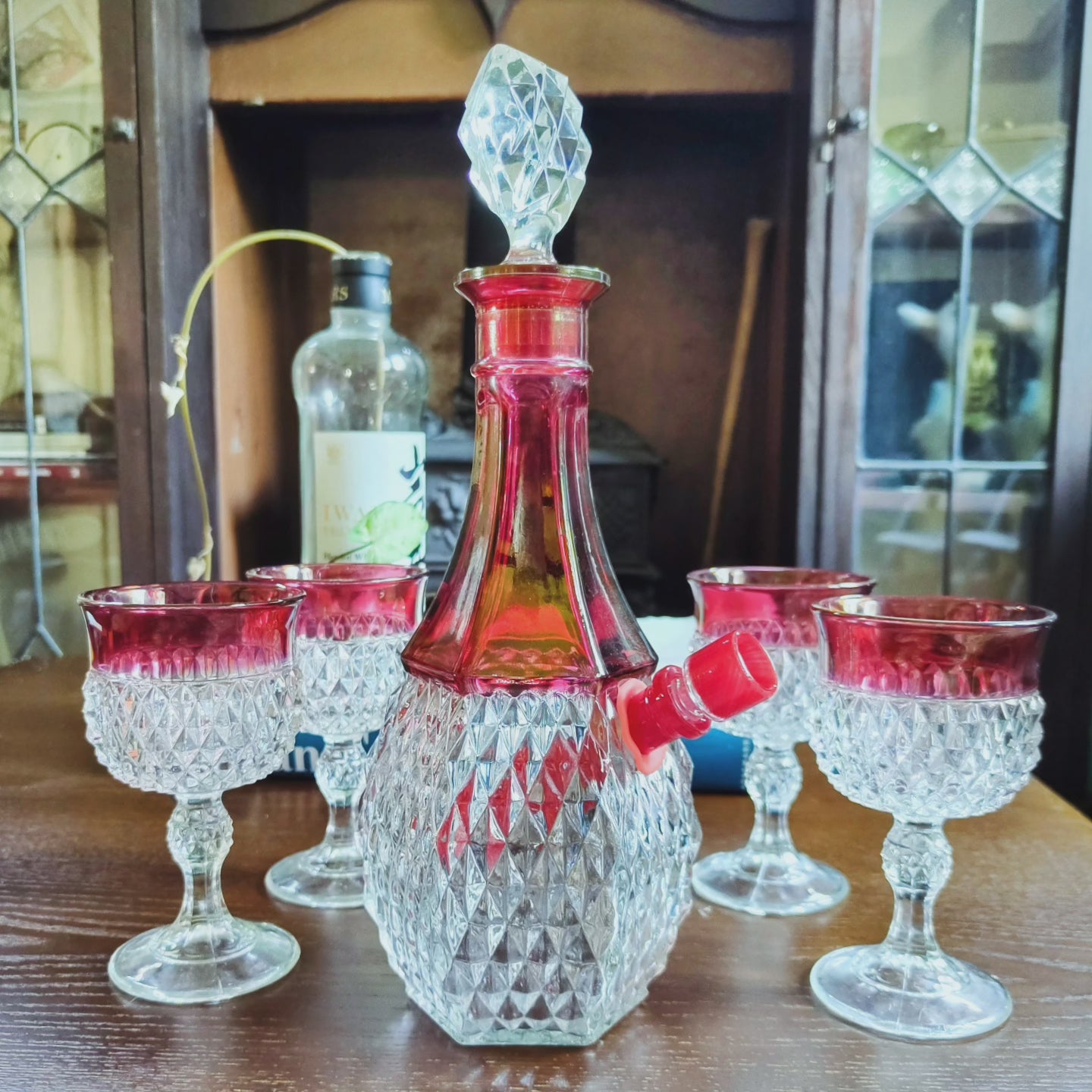 1960s usa made ruby and crystal decanter bong set by indiana glass