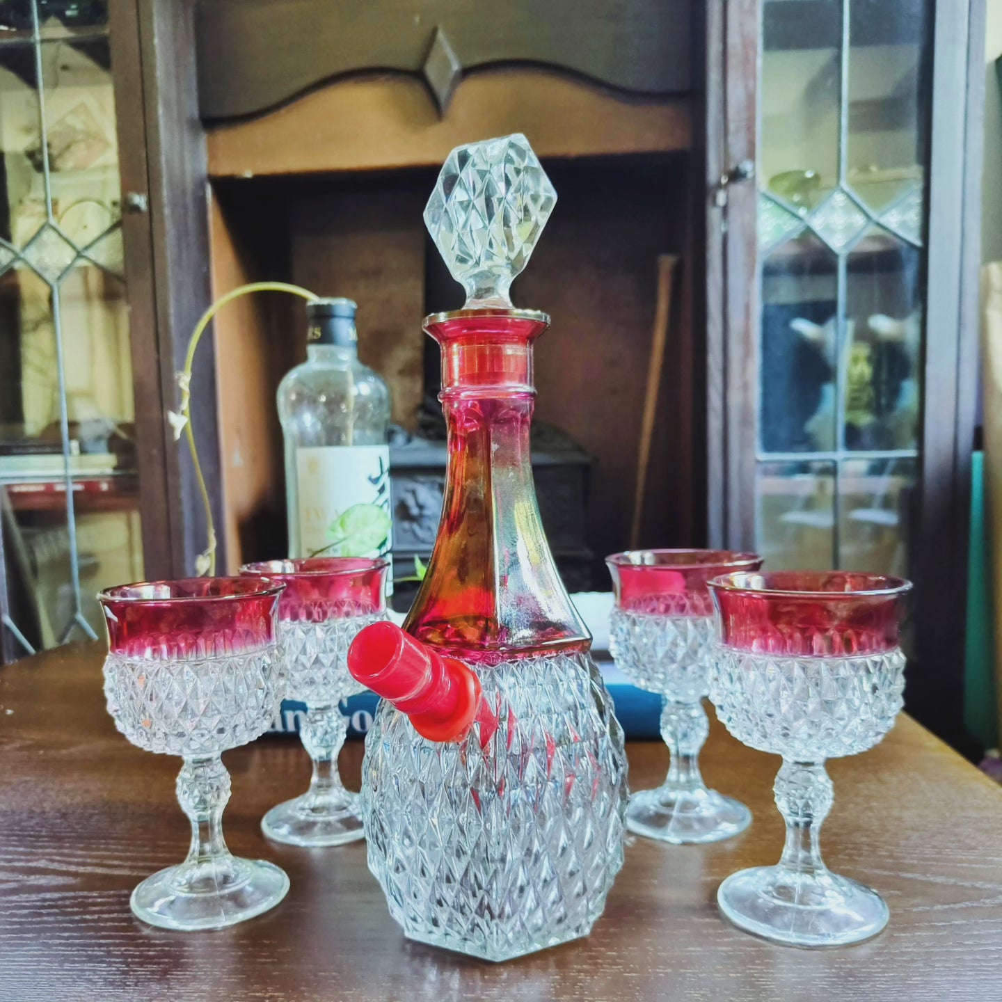 1960s usa made ruby and crystal decanter bong set by indiana glass