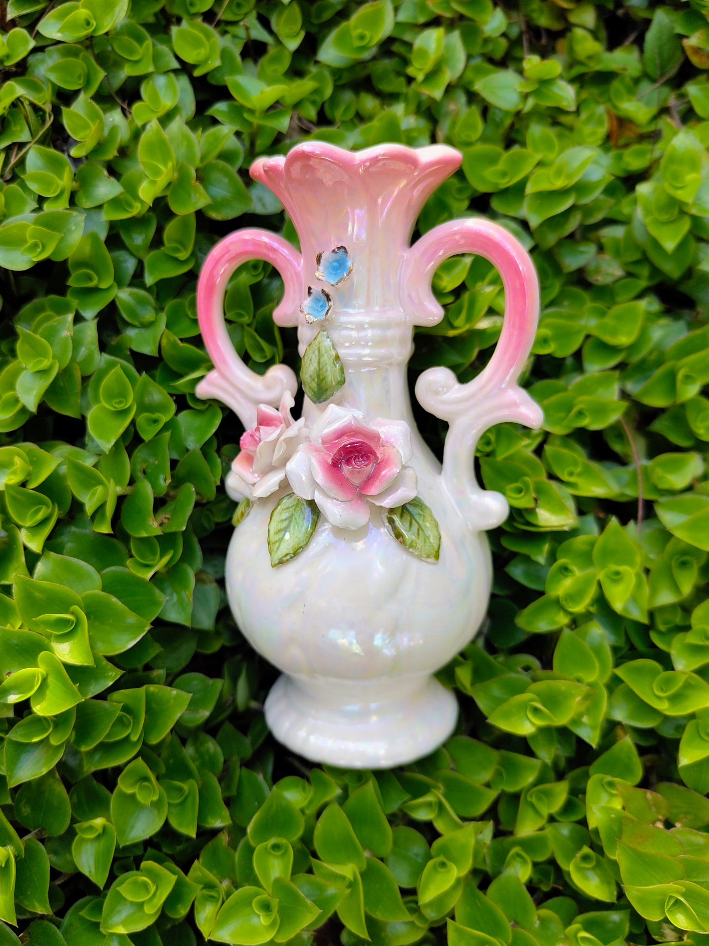 vintage japanese vase with hand painted florals and opalescent glaze