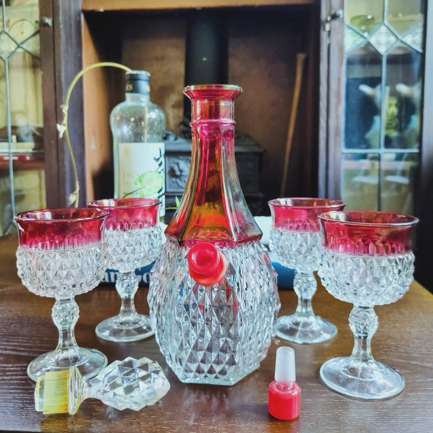 1960s usa made ruby and crystal decanter bong set by indiana glass