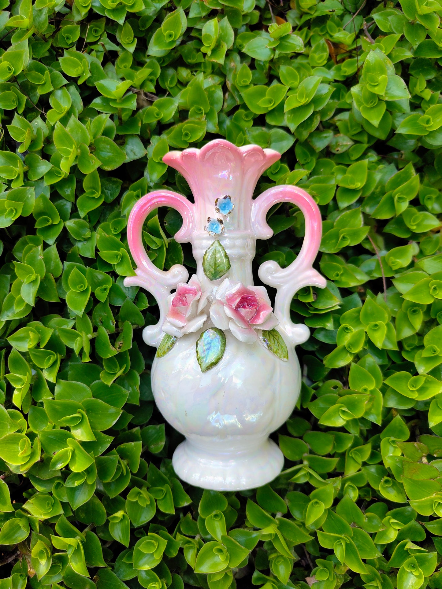 vintage japanese vase with hand painted florals and opalescent glaze