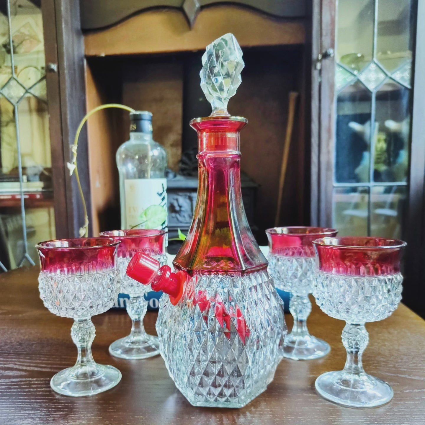 1960s usa made ruby and crystal decanter bong set by indiana glass