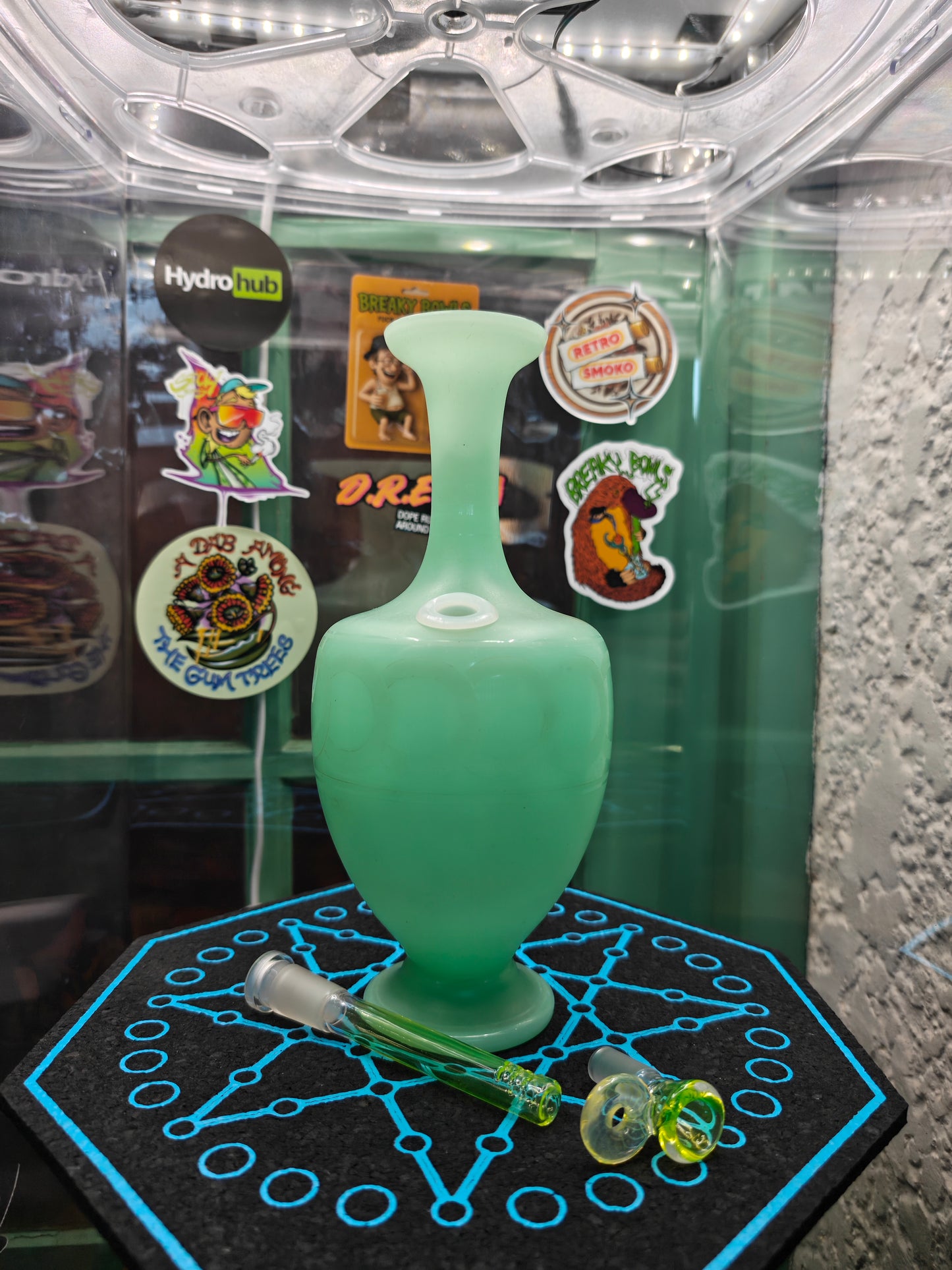 1890s french jadeite uranium glass bong with hand blown UV stem and bowl