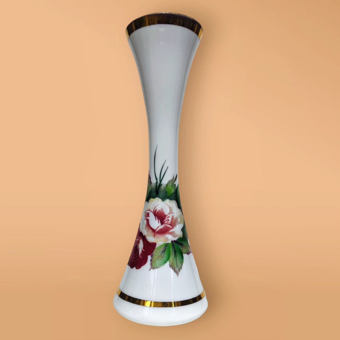 retro 70's milk glass floral n' gold vase