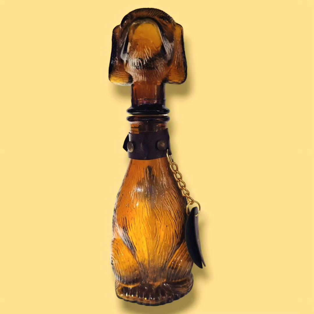 empoli 1960s amber glass dachshund decanter with stopper and collar