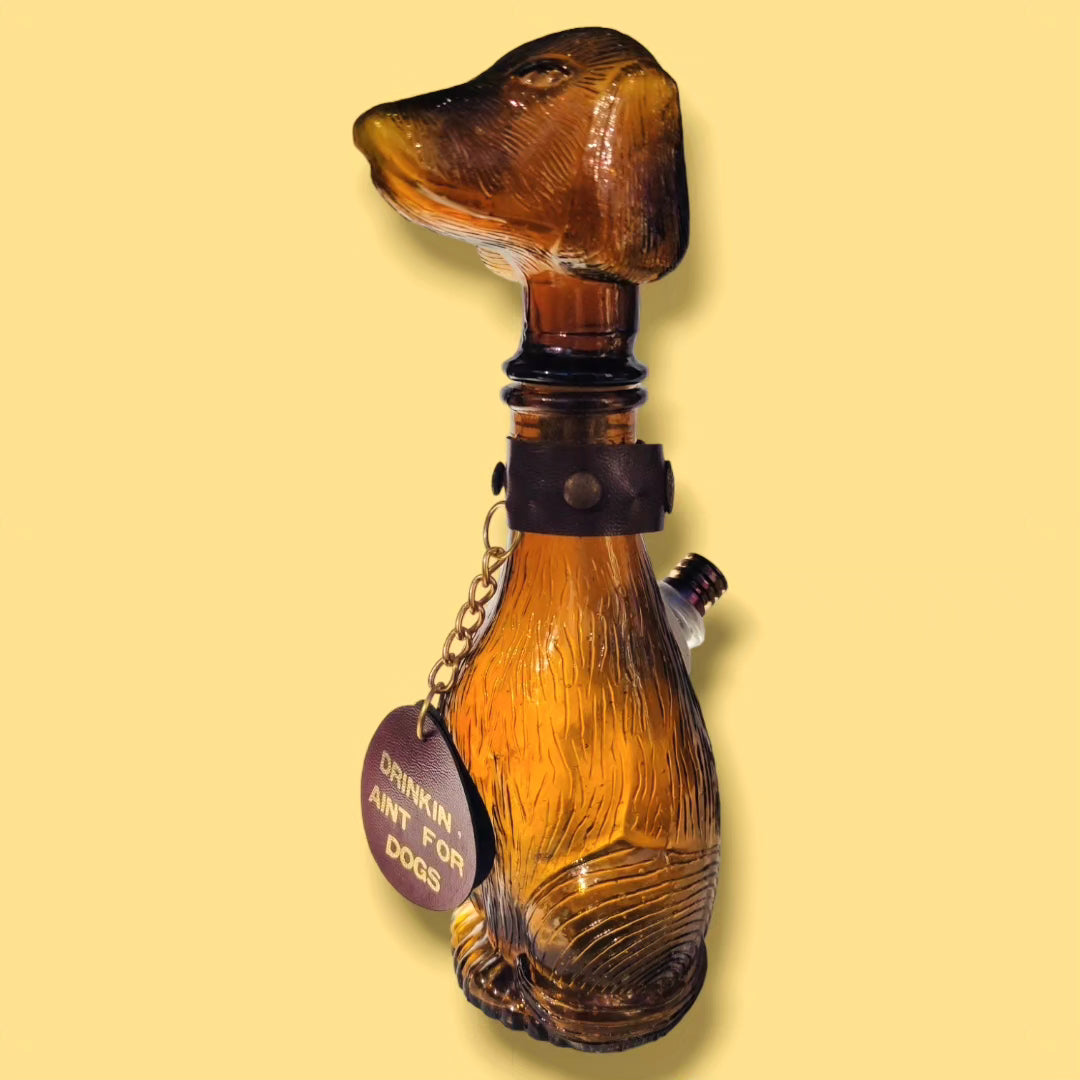 empoli 1960s amber glass dachshund decanter with stopper and collar