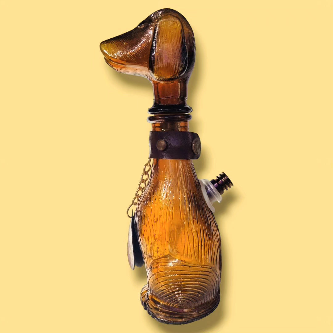 empoli 1960s amber glass dachshund decanter with stopper and collar