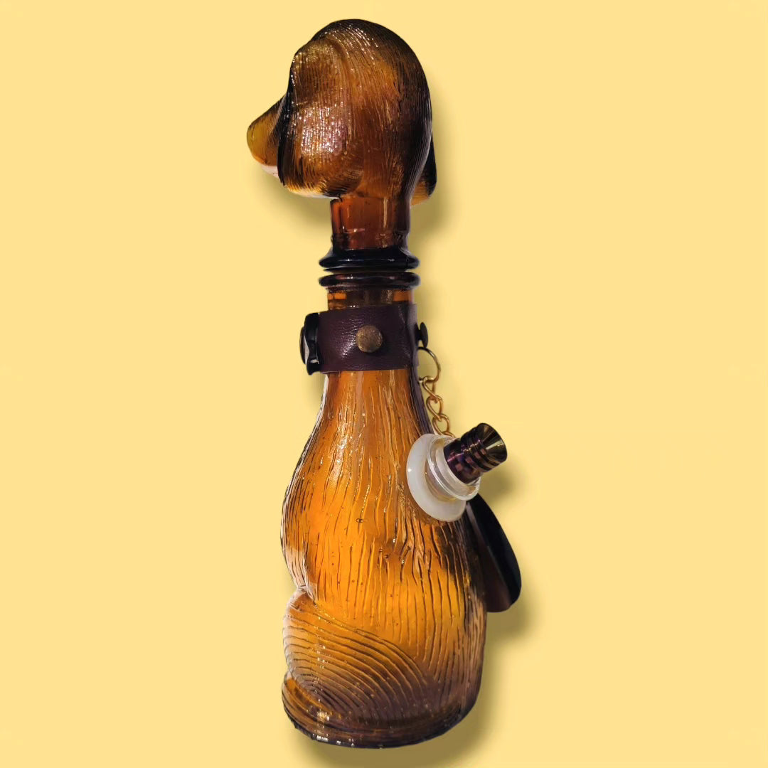 empoli 1960s amber glass dachshund decanter with stopper and collar