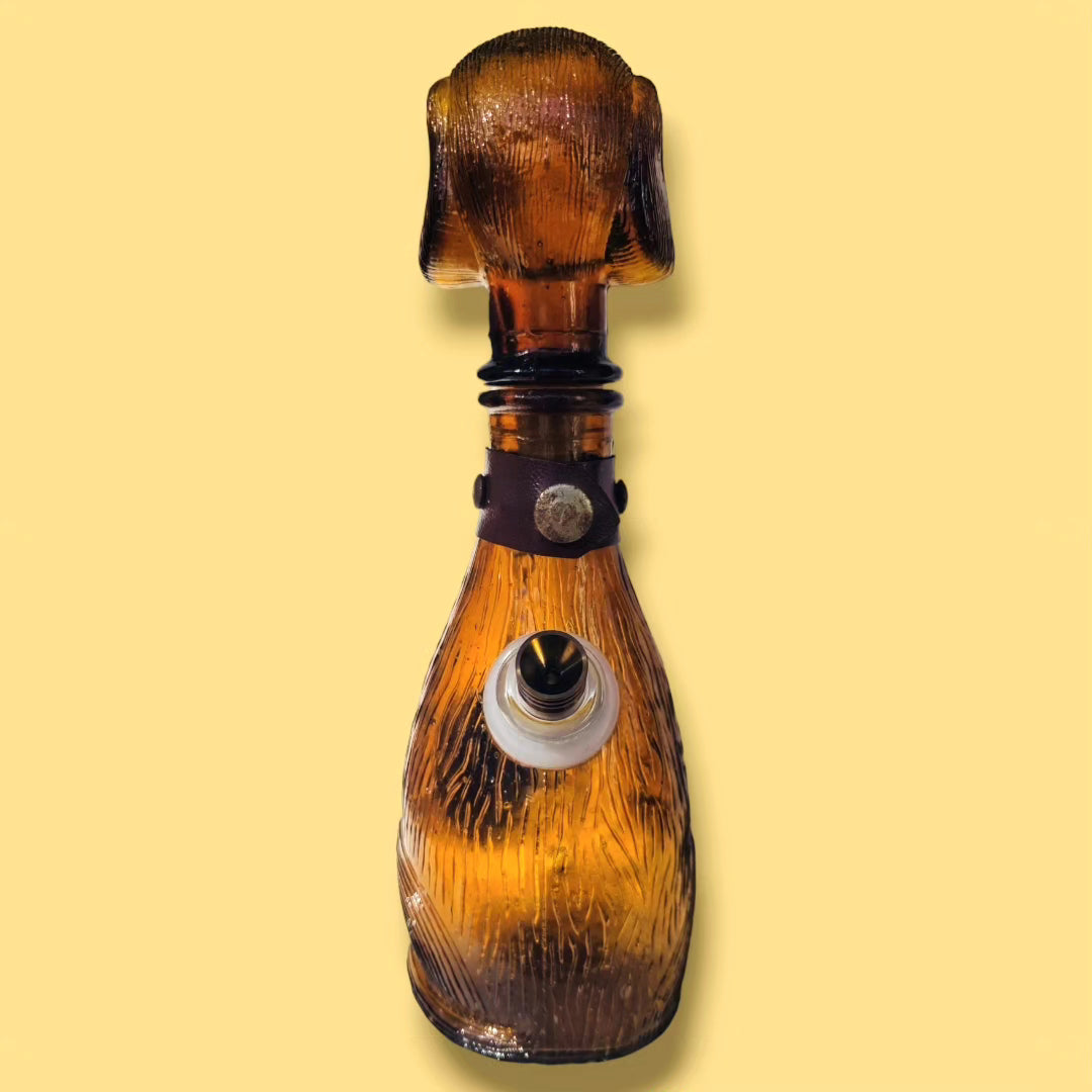 empoli 1960s amber glass dachshund decanter with stopper and collar