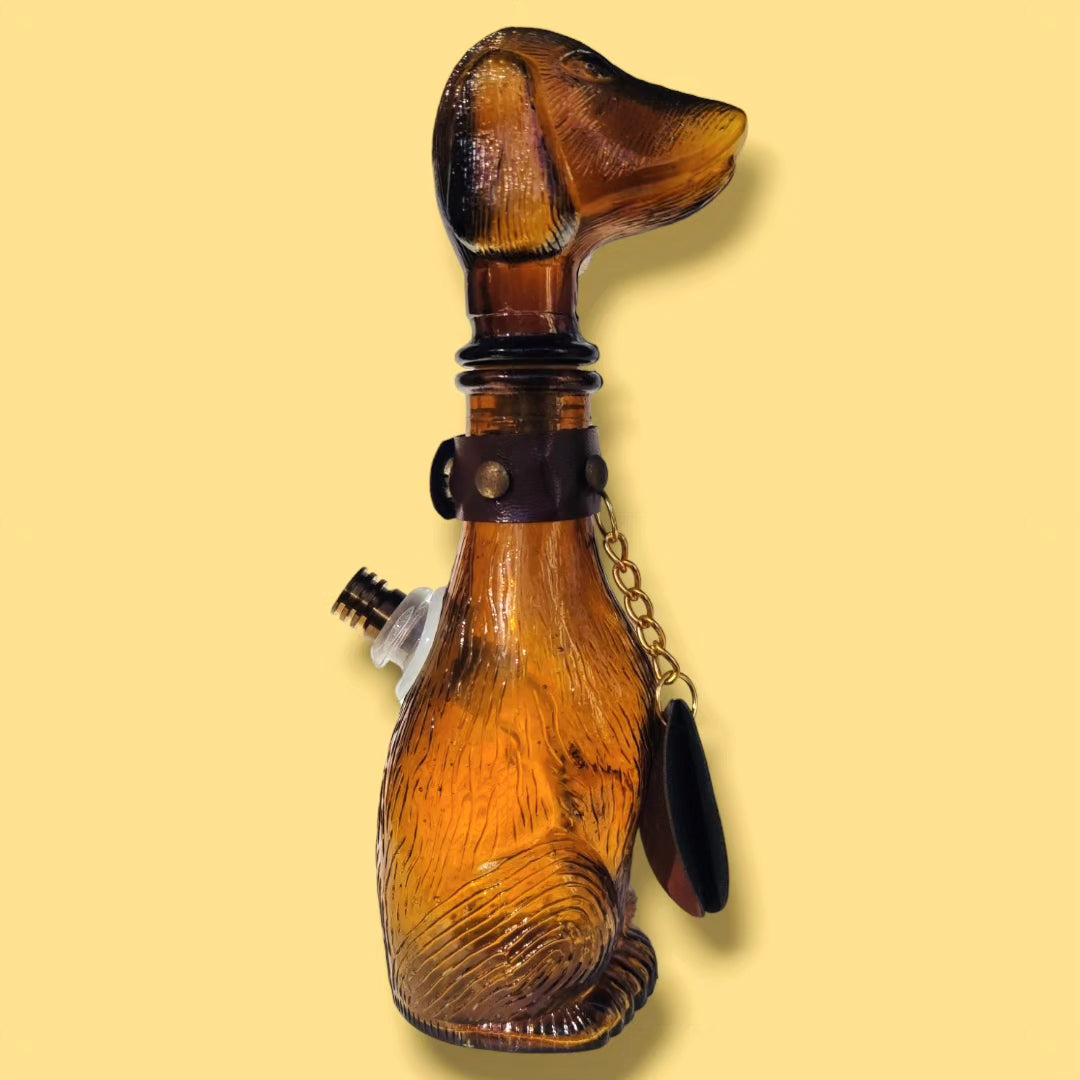 empoli 1960s amber glass dachshund decanter with stopper and collar