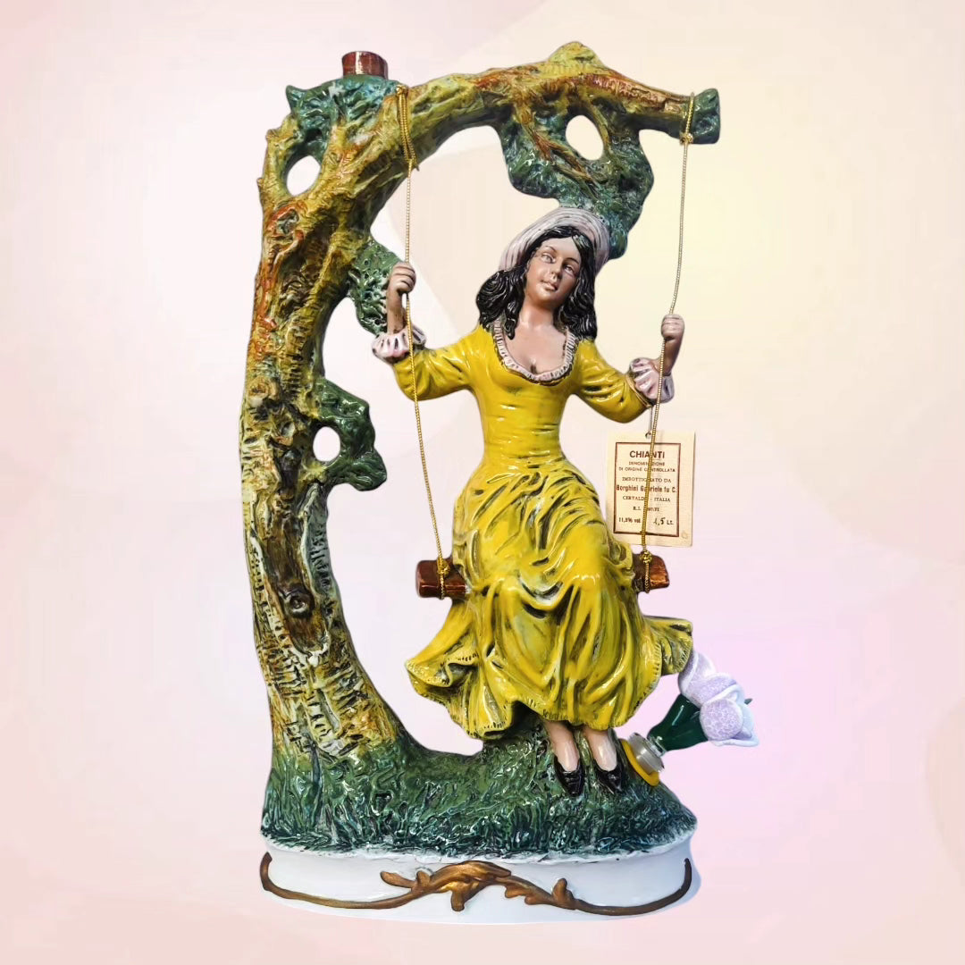 1982 1/250 promotional chianti girl on swing decanter with empire glassworks double barrel tulip bowl