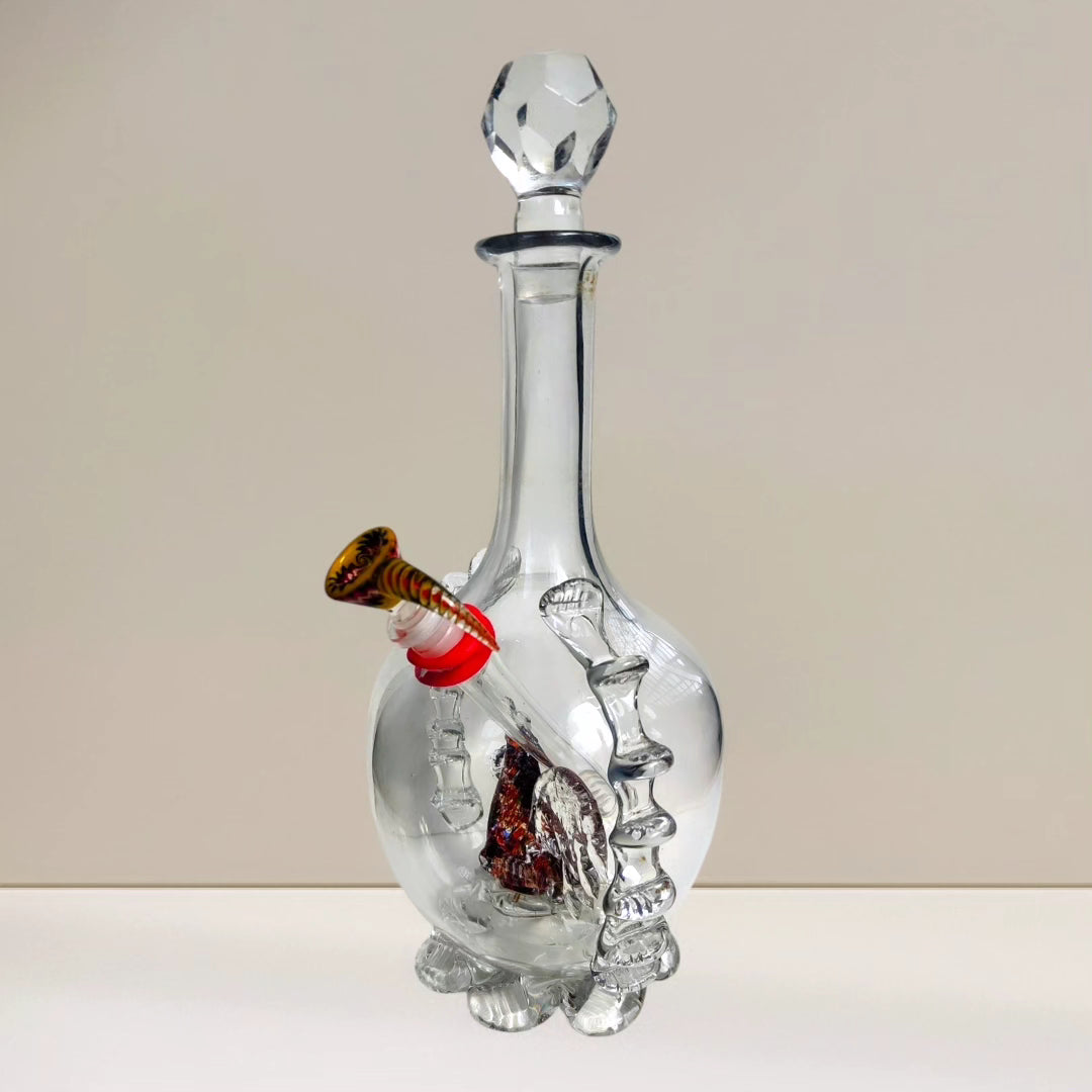 edwardian red rooster art glass decanter bong