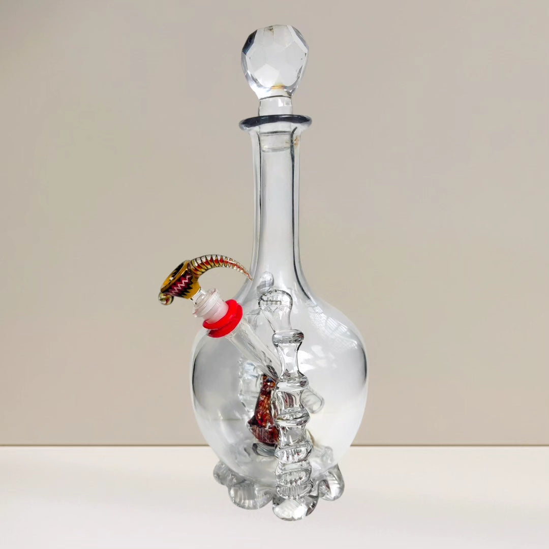 edwardian red rooster art glass decanter bong