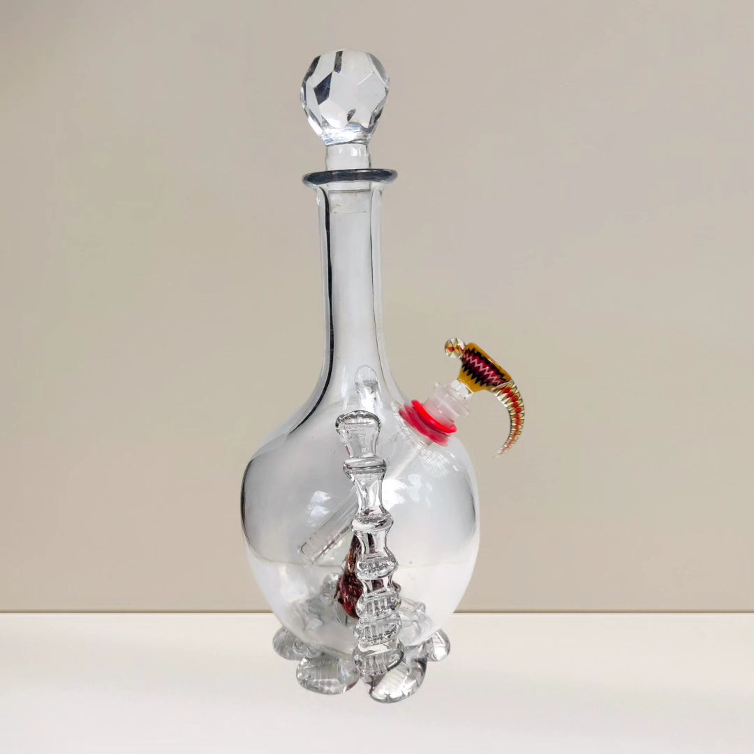 edwardian red rooster art glass decanter bong