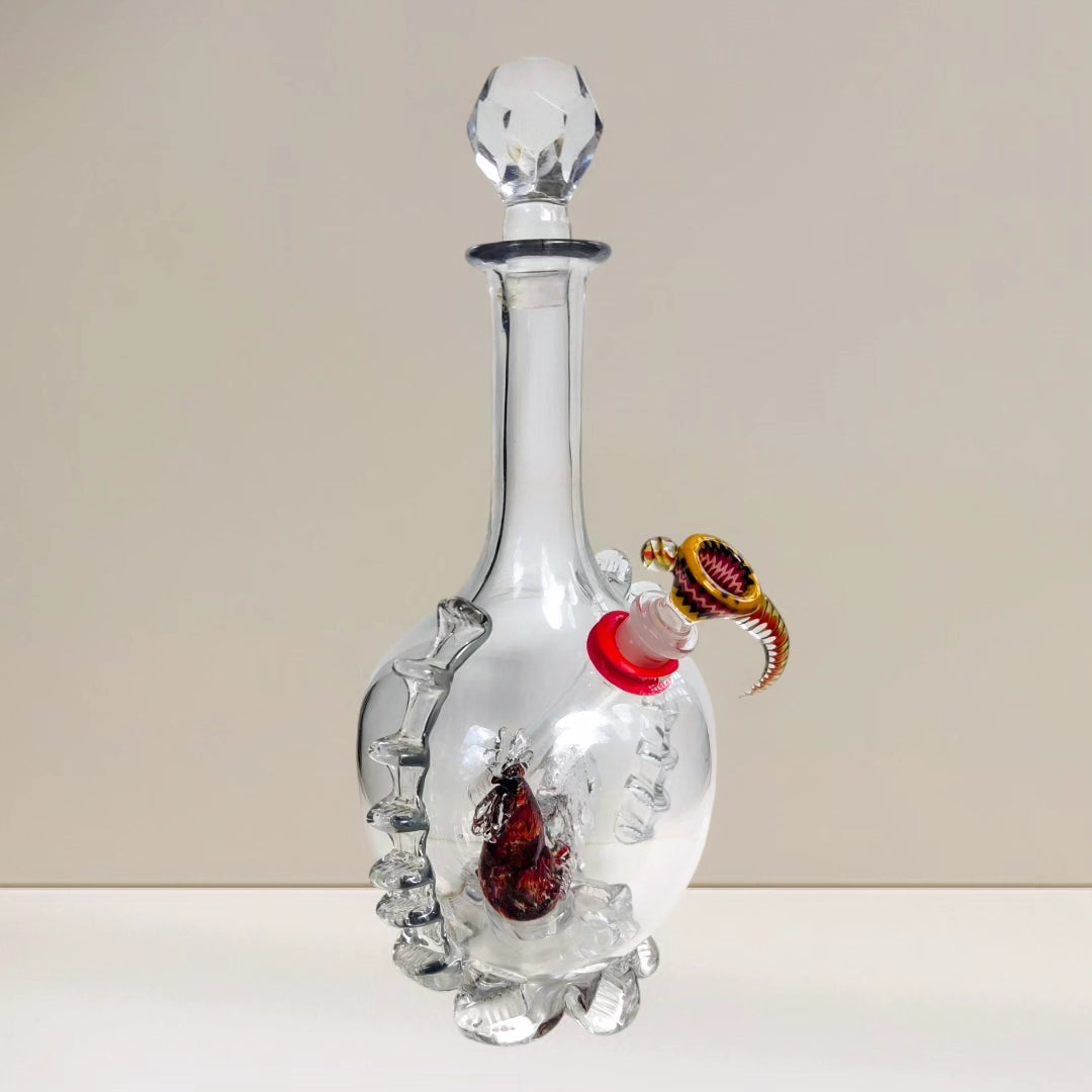 edwardian red rooster art glass decanter bong