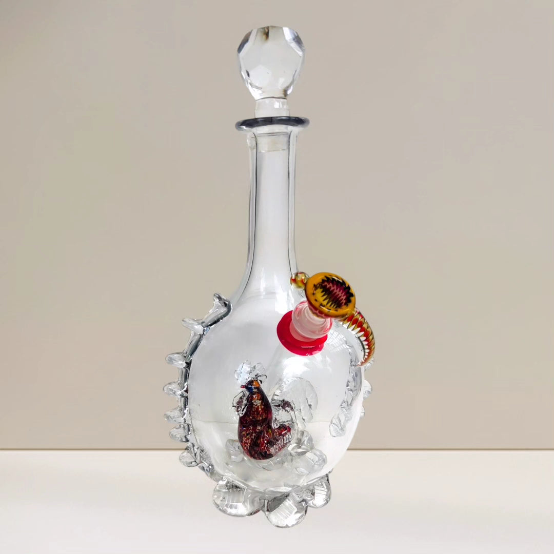 edwardian red rooster art glass decanter bong