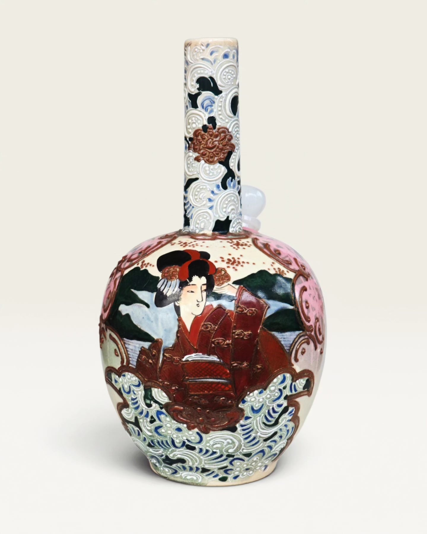 meji era japanese satsuma ceramic vase with heavy and extensive moriage bong