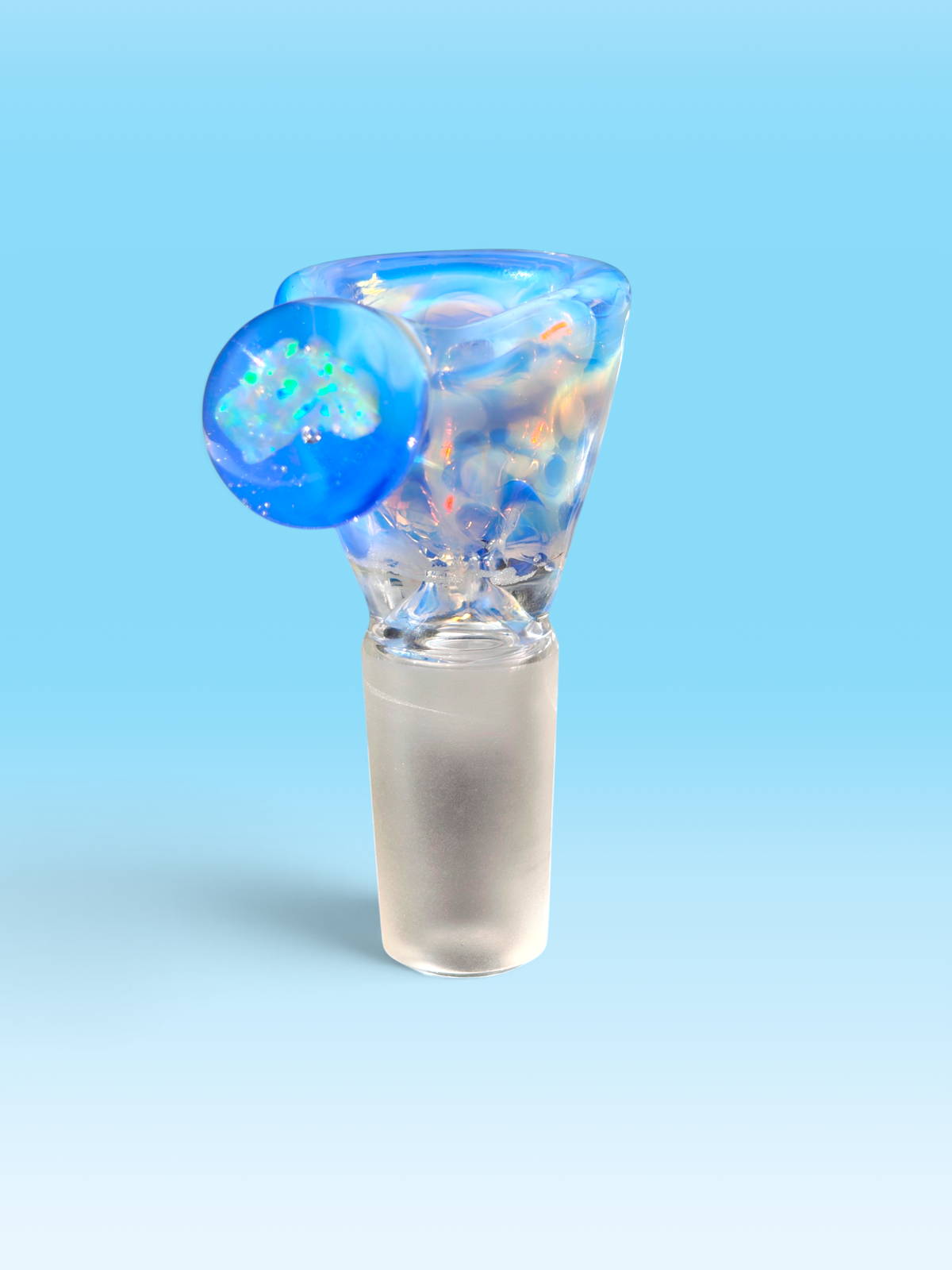 hand blown blue and white 14mm bowl with an australian shaped opal handle