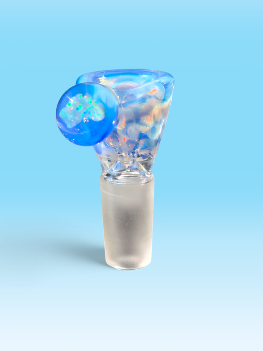 hand blown blue and white 14mm bowl with an australian shaped opal handle