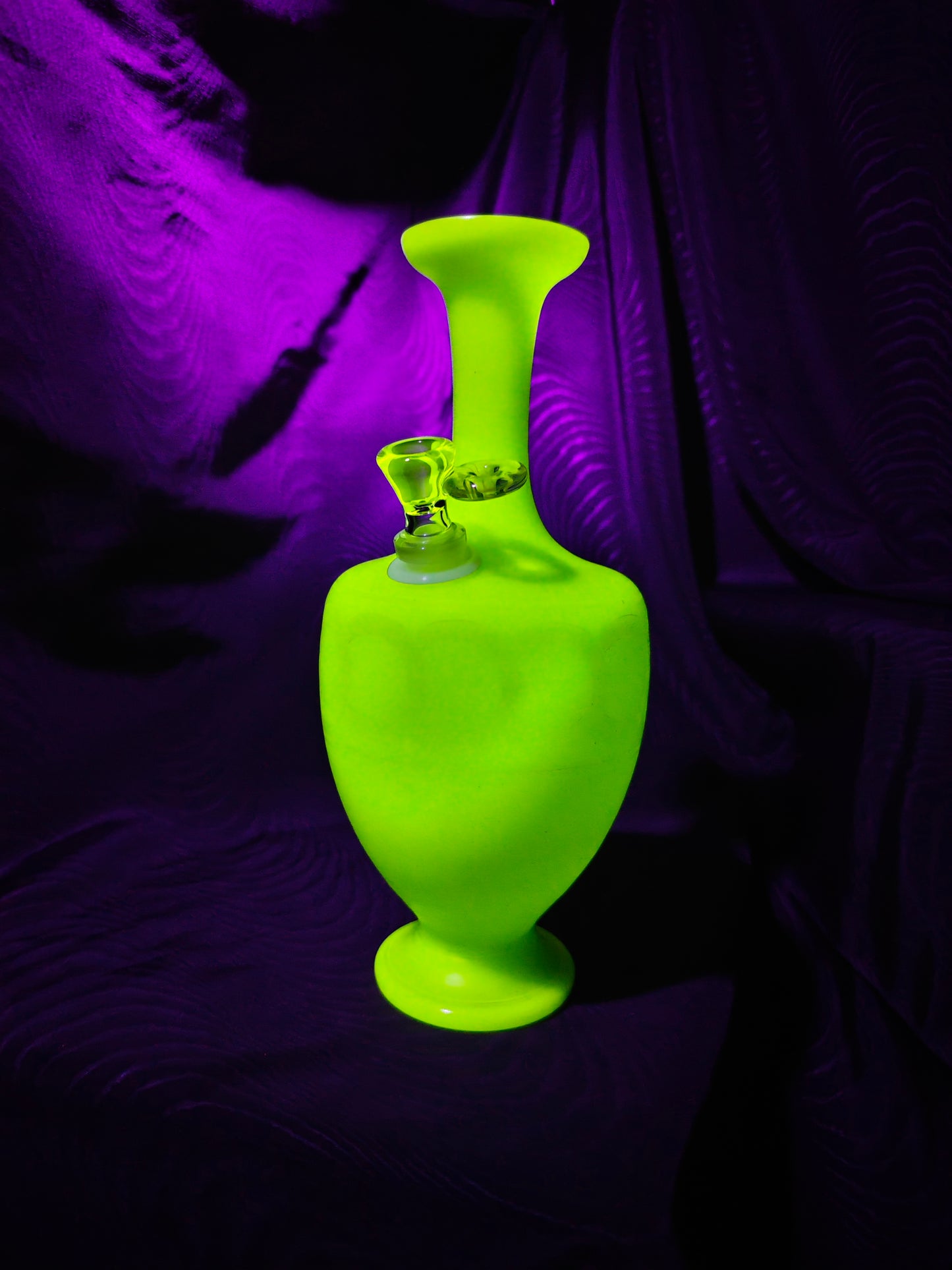 1890s french jadeite uranium glass bong with hand blown UV stem and bowl