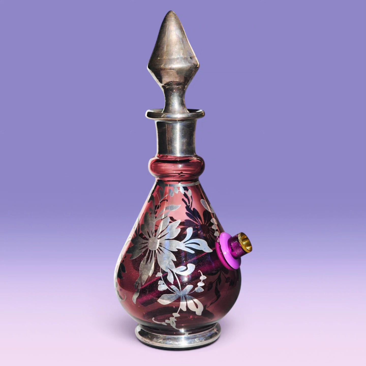 1970s italian 925 silver and amethyst glass decanter bong set with 6 matching shot glasses