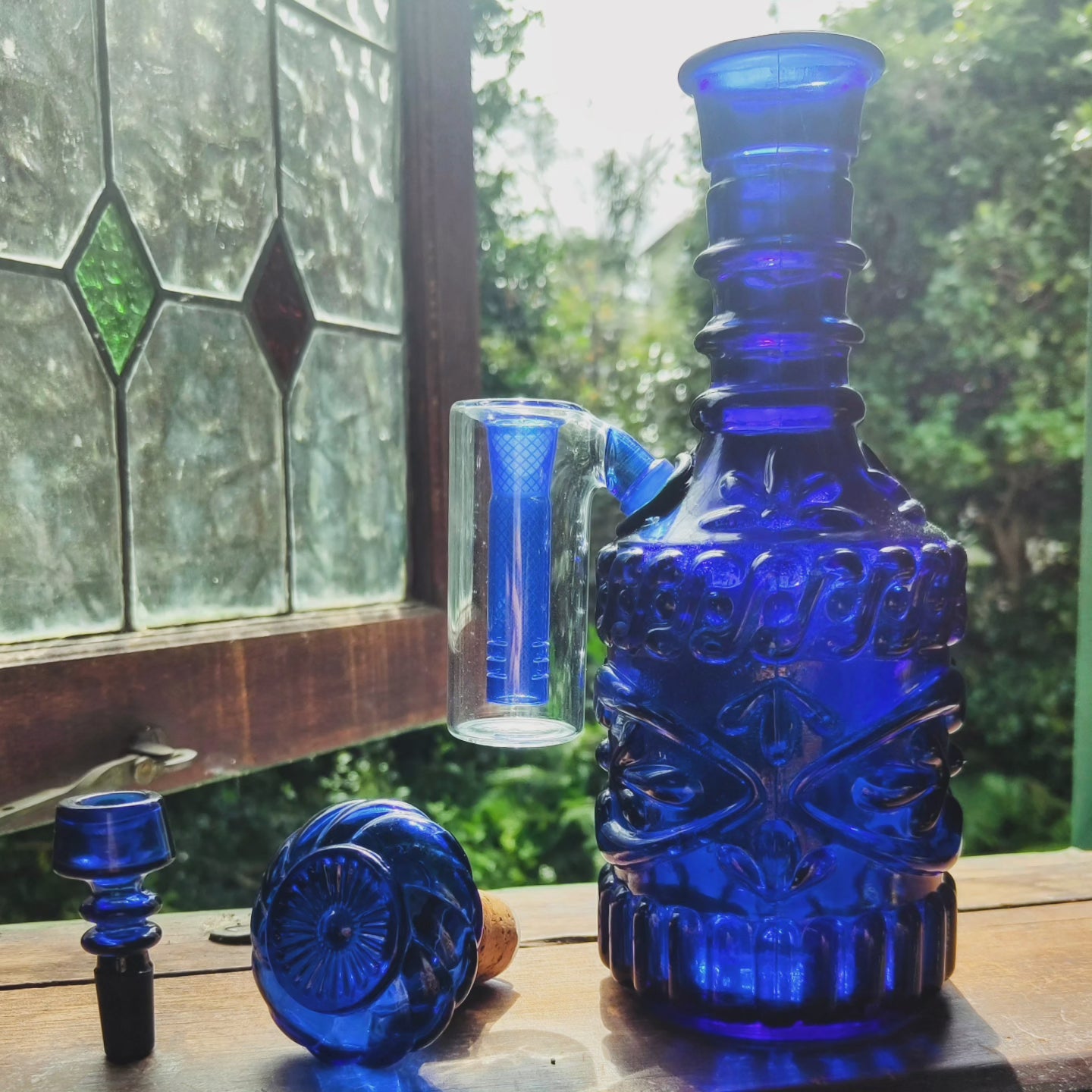 cobalt blue jim beam decanter bong with gatorbeug ash catcher