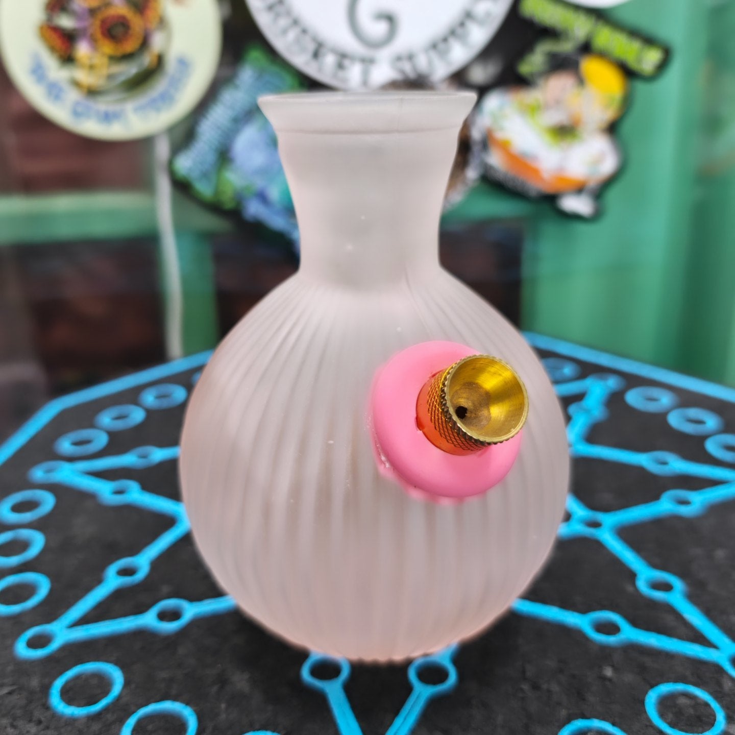 antique fluted pastel pink squat vase bong in frosted glass