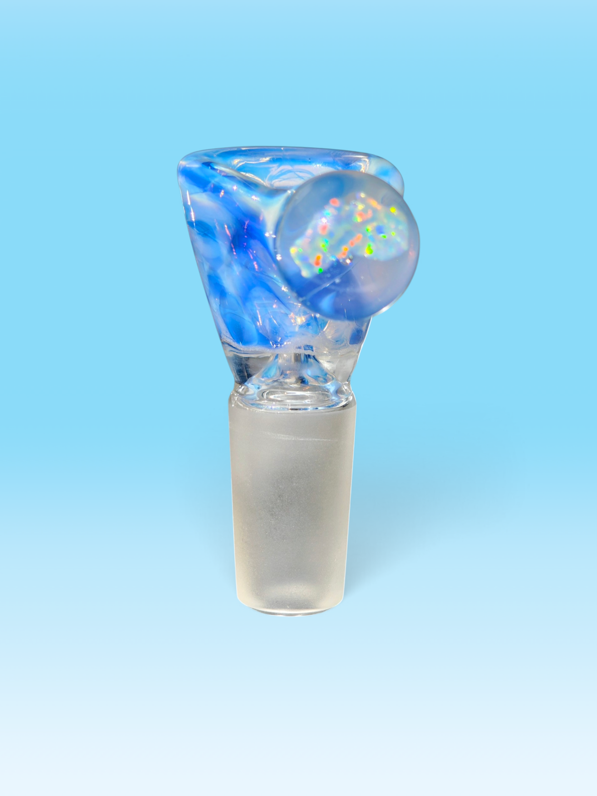 hand blown blue and white 14mm bowl with an australian shaped opal handle