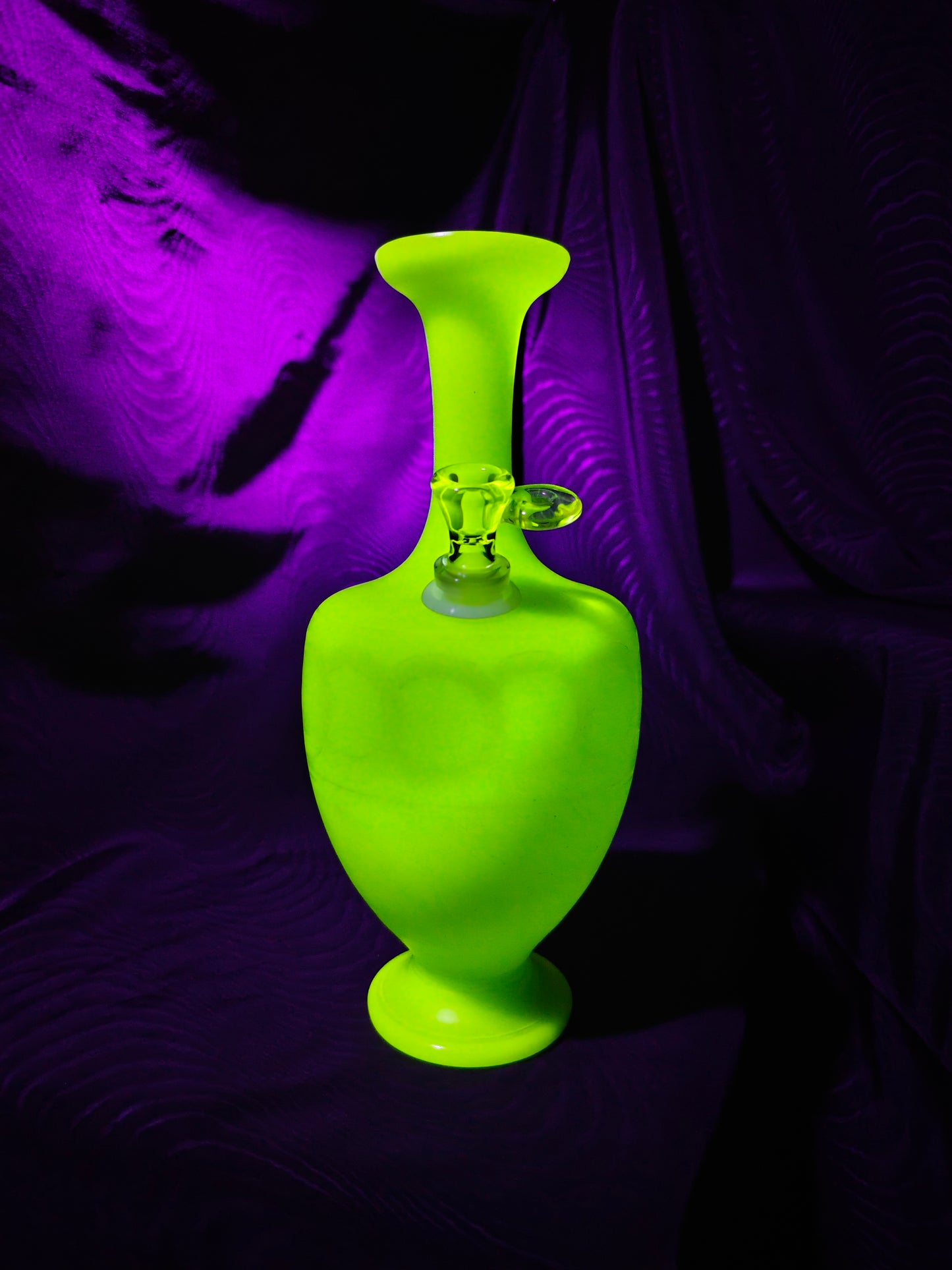 1890s french jadeite uranium glass bong with hand blown UV stem and bowl