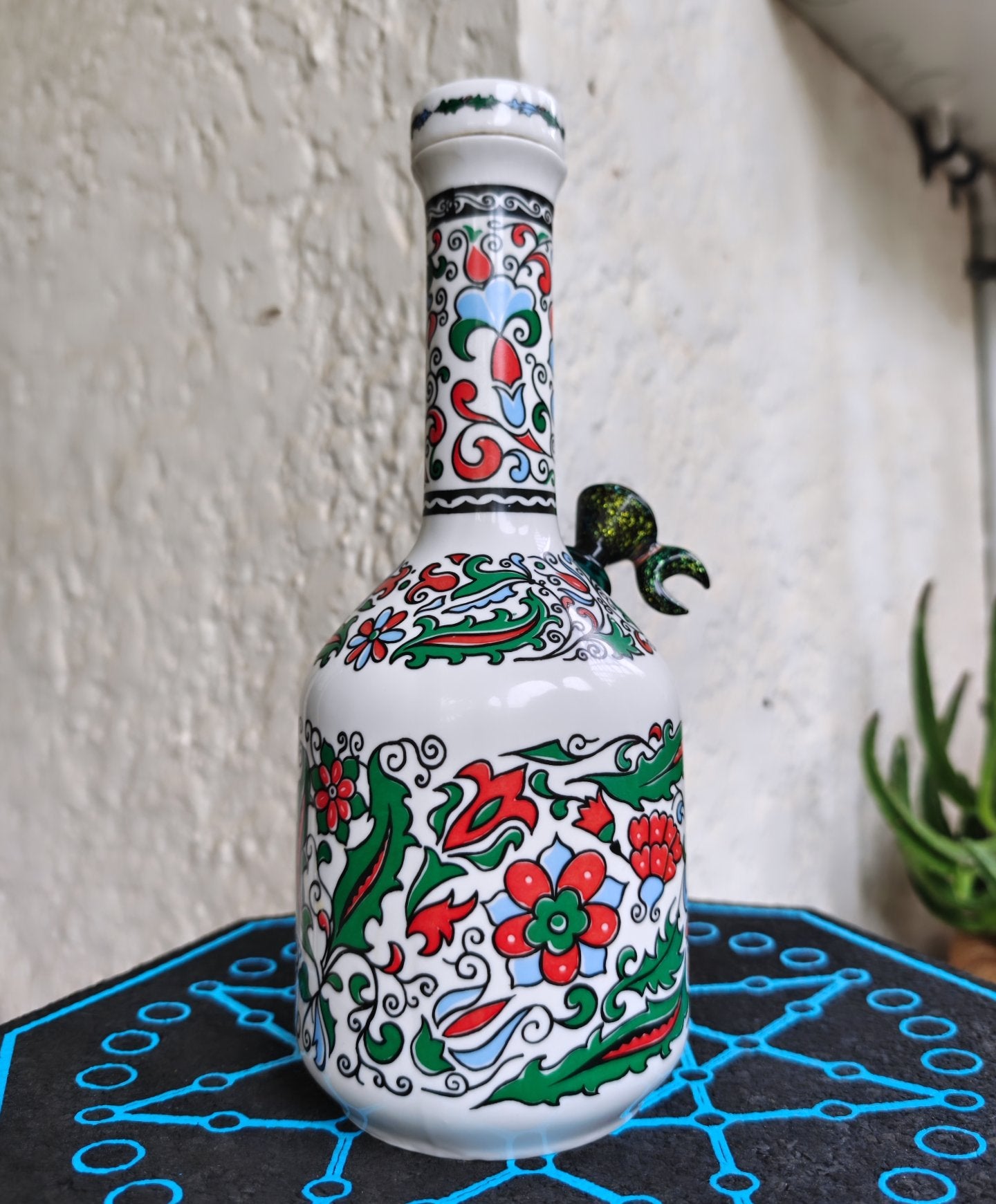 vintage greek hand painted metaxa decanter bong with glitter crescent moon coney