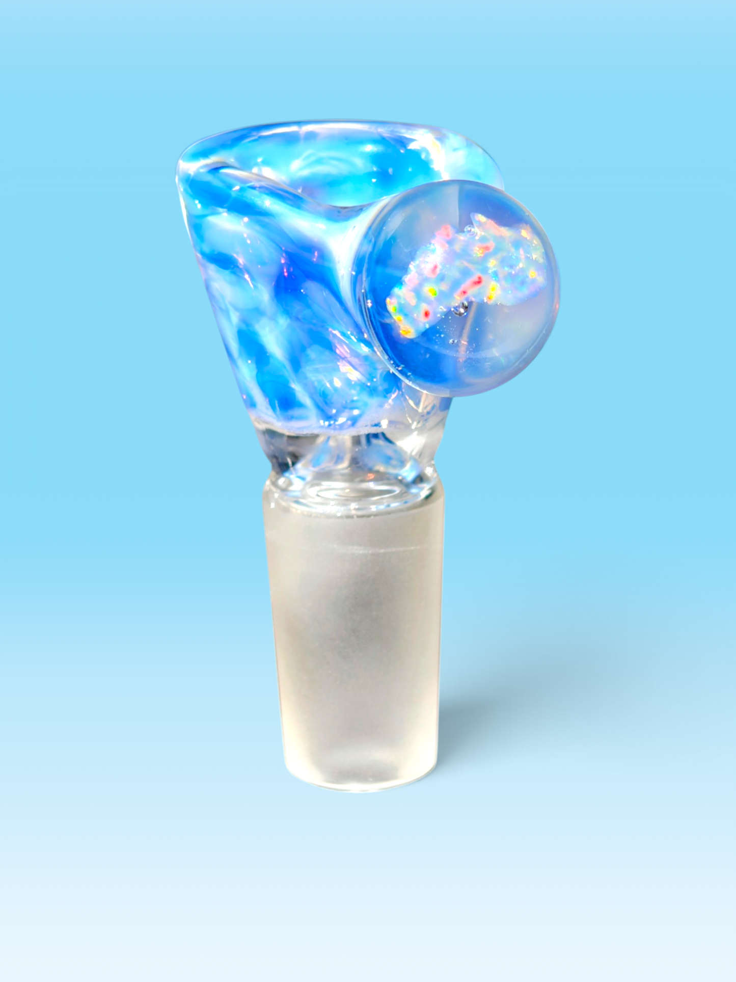 hand blown blue and white 14mm bowl with an australian shaped opal handle