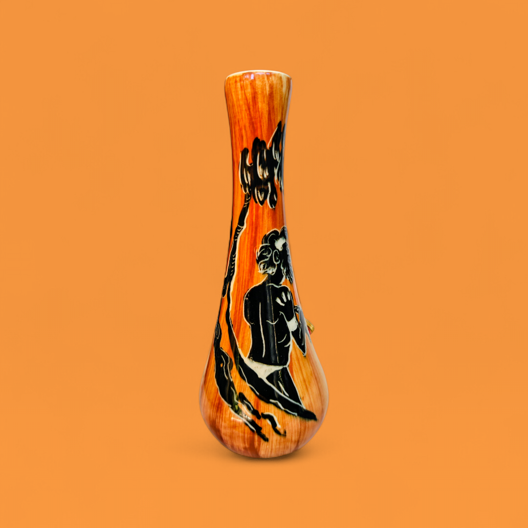 vintage australian ceramic bud vase with indigenous depiction and wood effect glaze