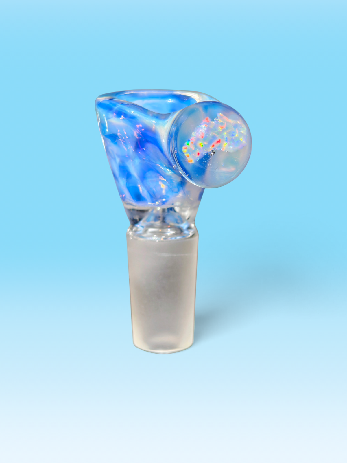 hand blown blue and white 14mm bowl with an australian shaped opal handle