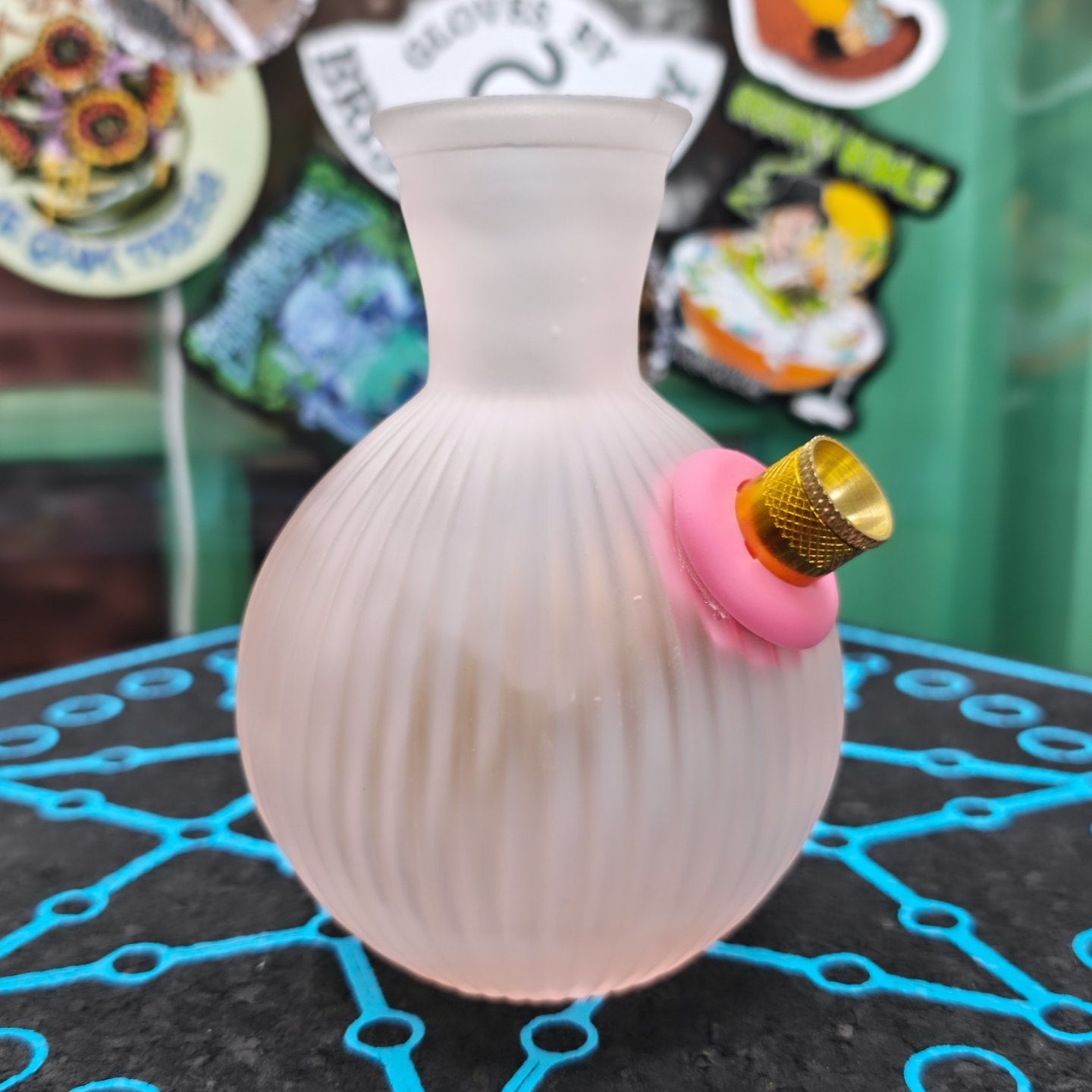 antique fluted pastel pink squat vase bong in frosted glass