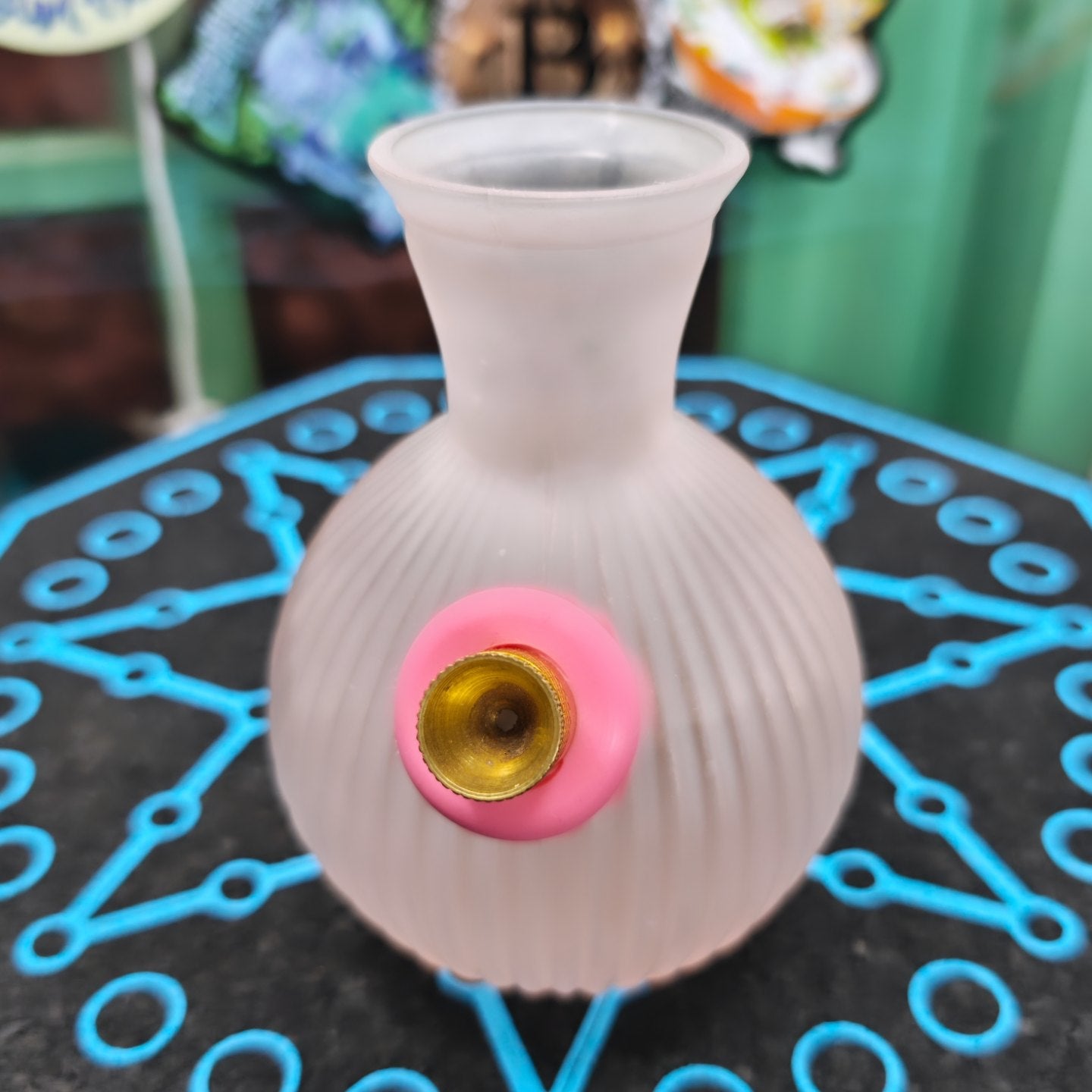 antique fluted pastel pink squat vase bong in frosted glass