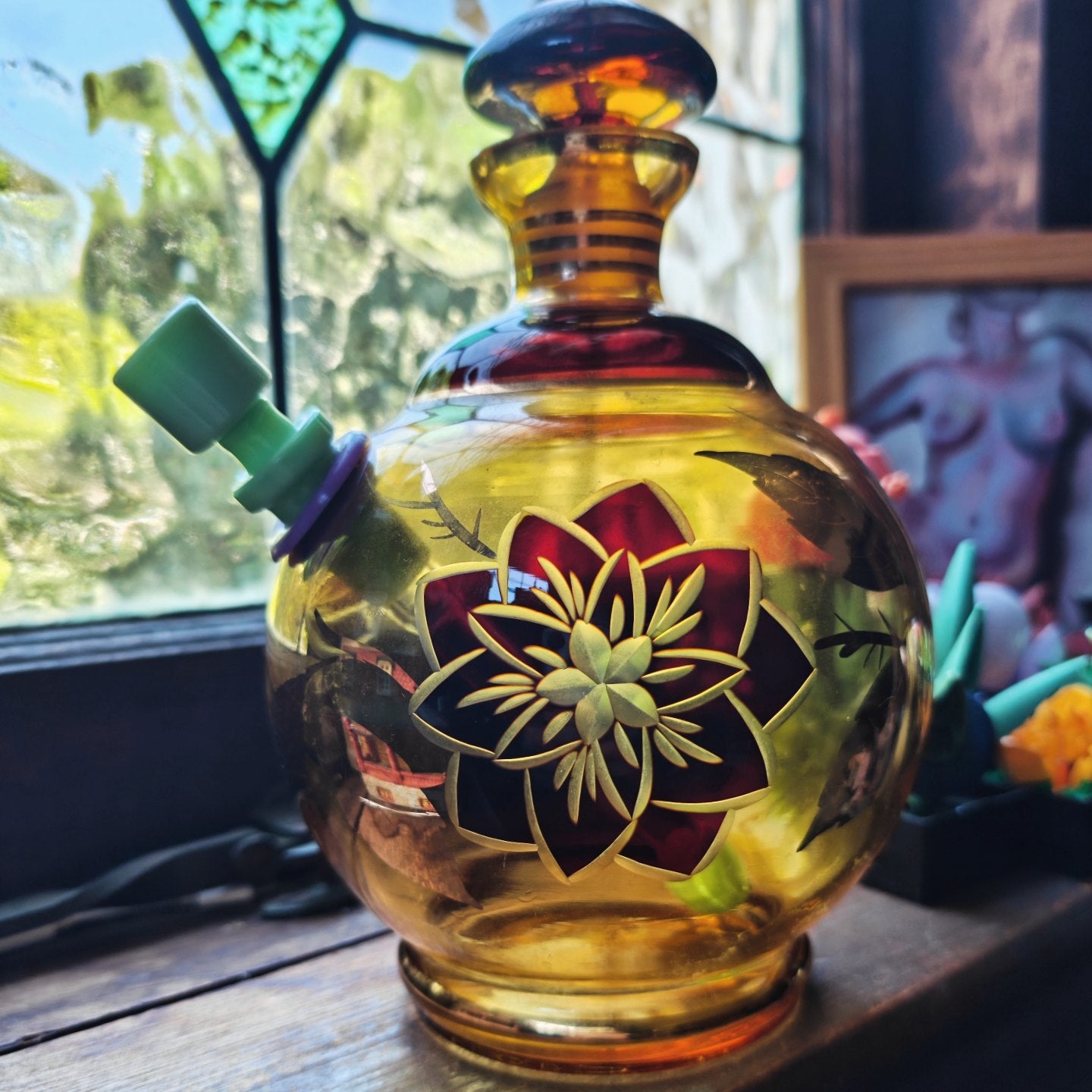 antique amber glass decanter bong