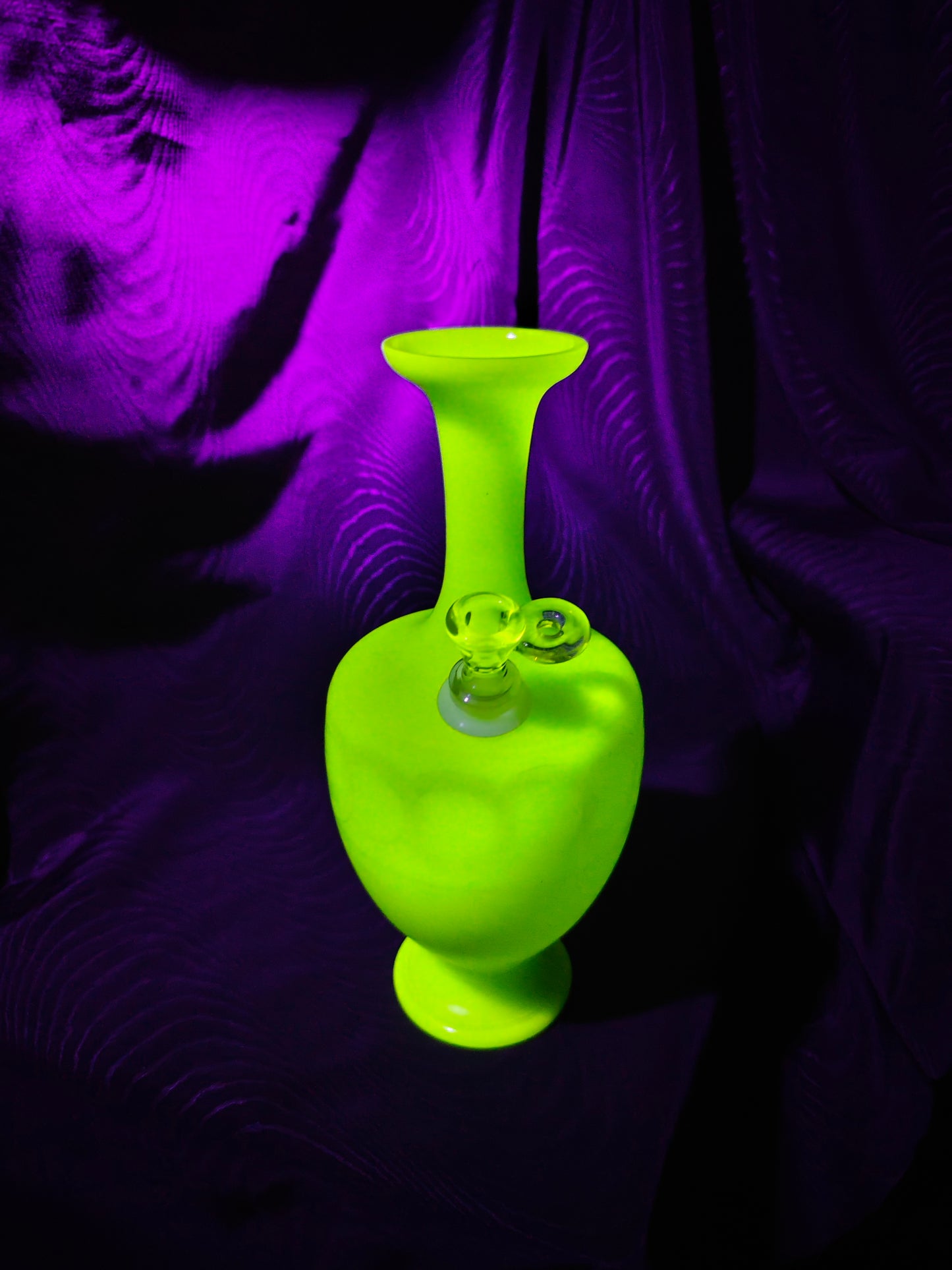 1890s french jadeite uranium glass bong with hand blown UV stem and bowl