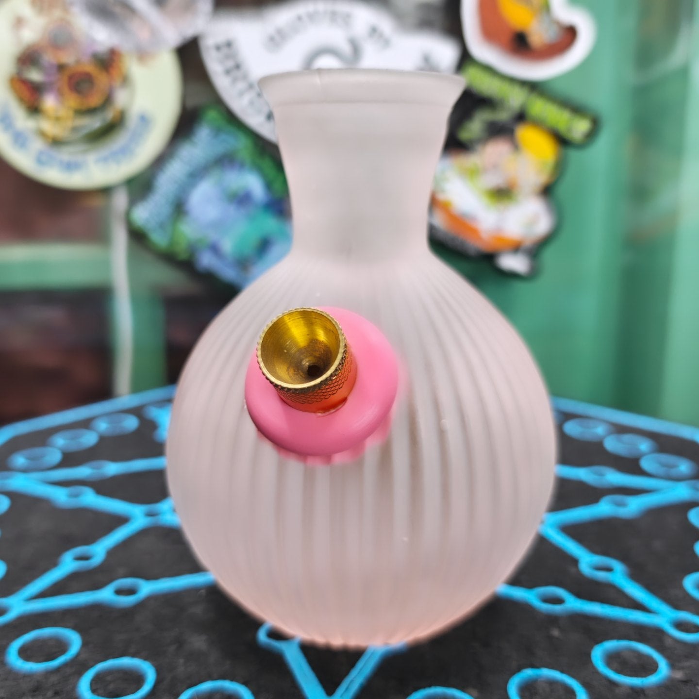 antique fluted pastel pink squat vase bong in frosted glass