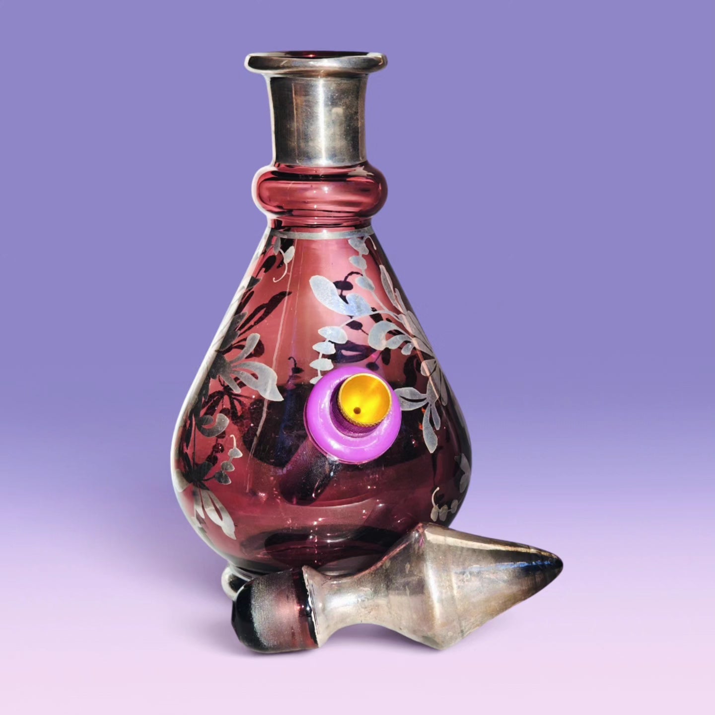 1970s italian 925 silver and amethyst glass decanter bong set with 6 matching shot glasses