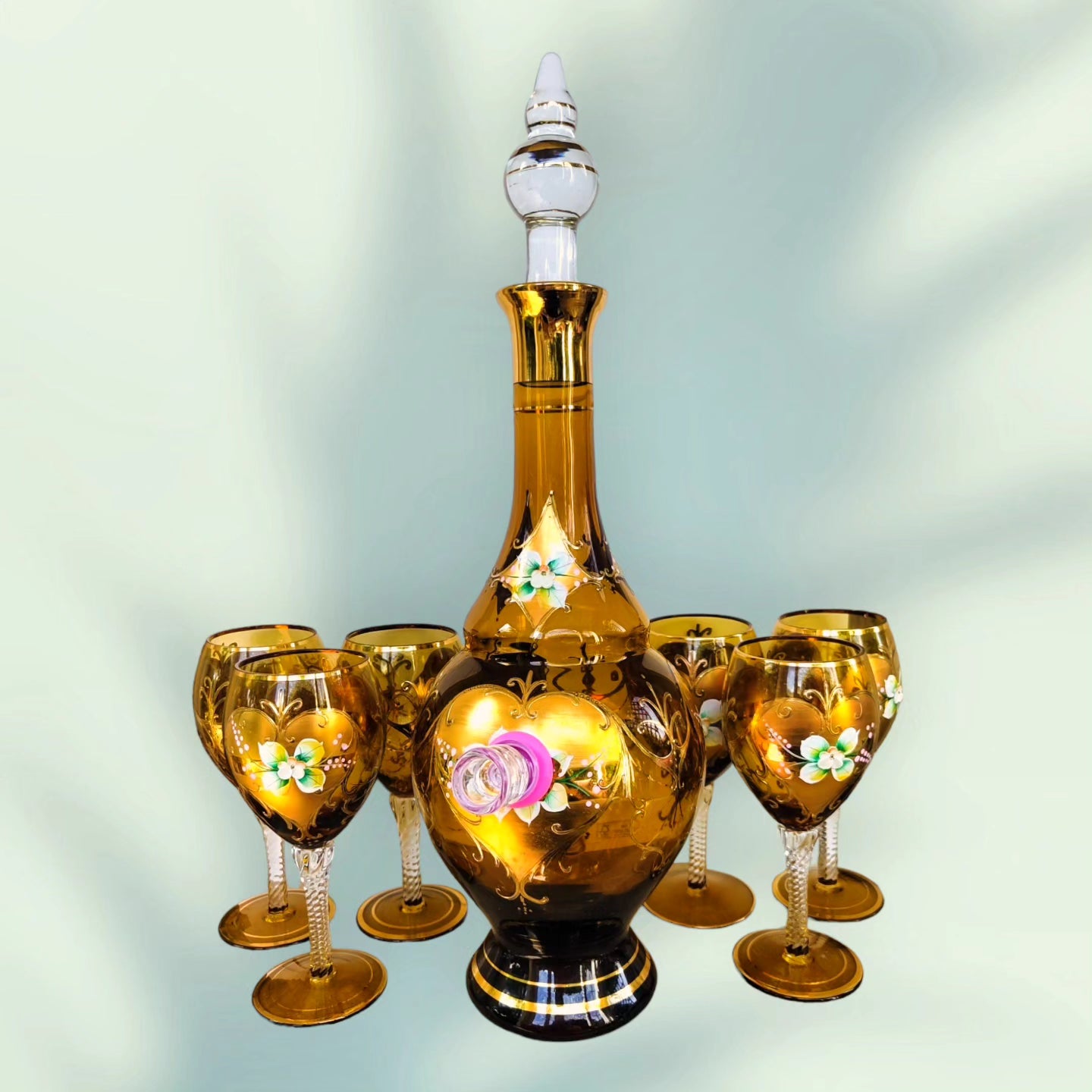 vintage amber glass decanter bong with 6 glasses and hand painted details