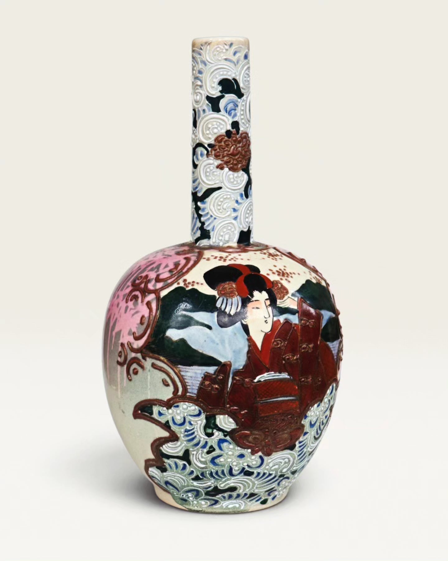 meji era japanese satsuma ceramic vase with heavy and extensive moriage bong