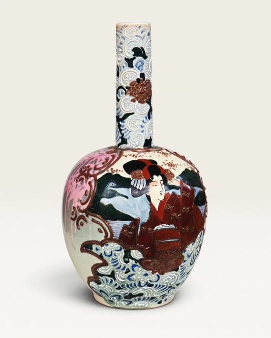 meji era japanese satsuma ceramic vase with heavy and extensive moriage bong