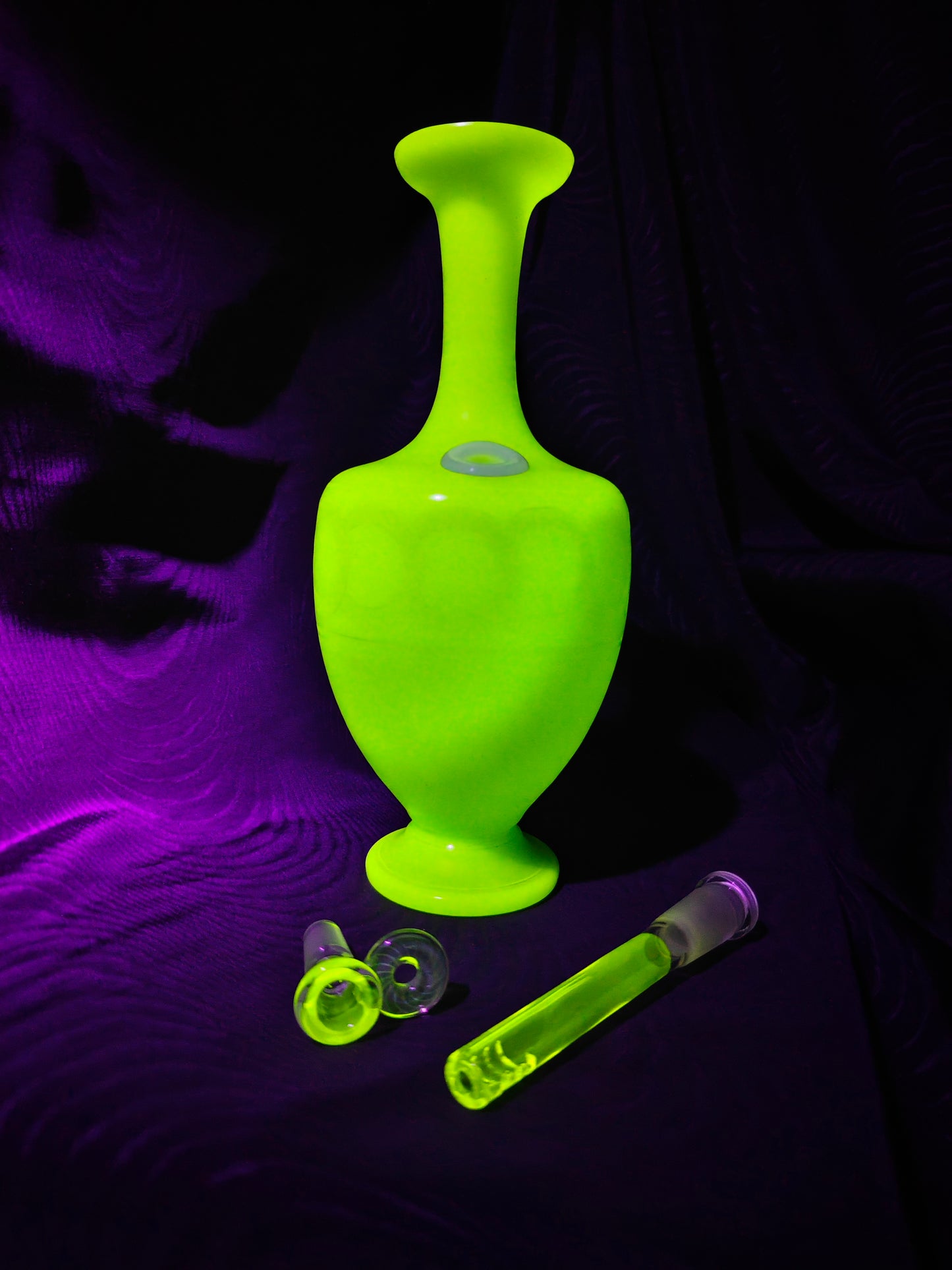 1890s french jadeite uranium glass bong with hand blown UV stem and bowl