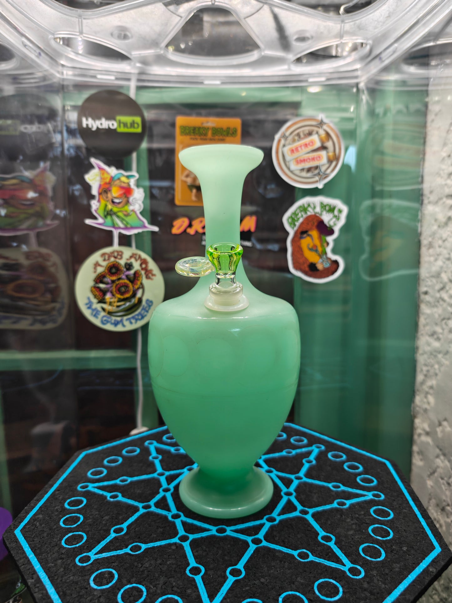 1890s french jadeite uranium glass bong with hand blown UV stem and bowl