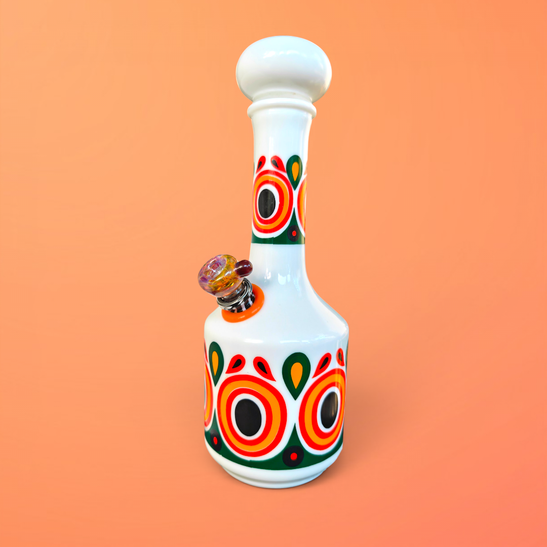 1970s milk glass decanter bong with retro pattern