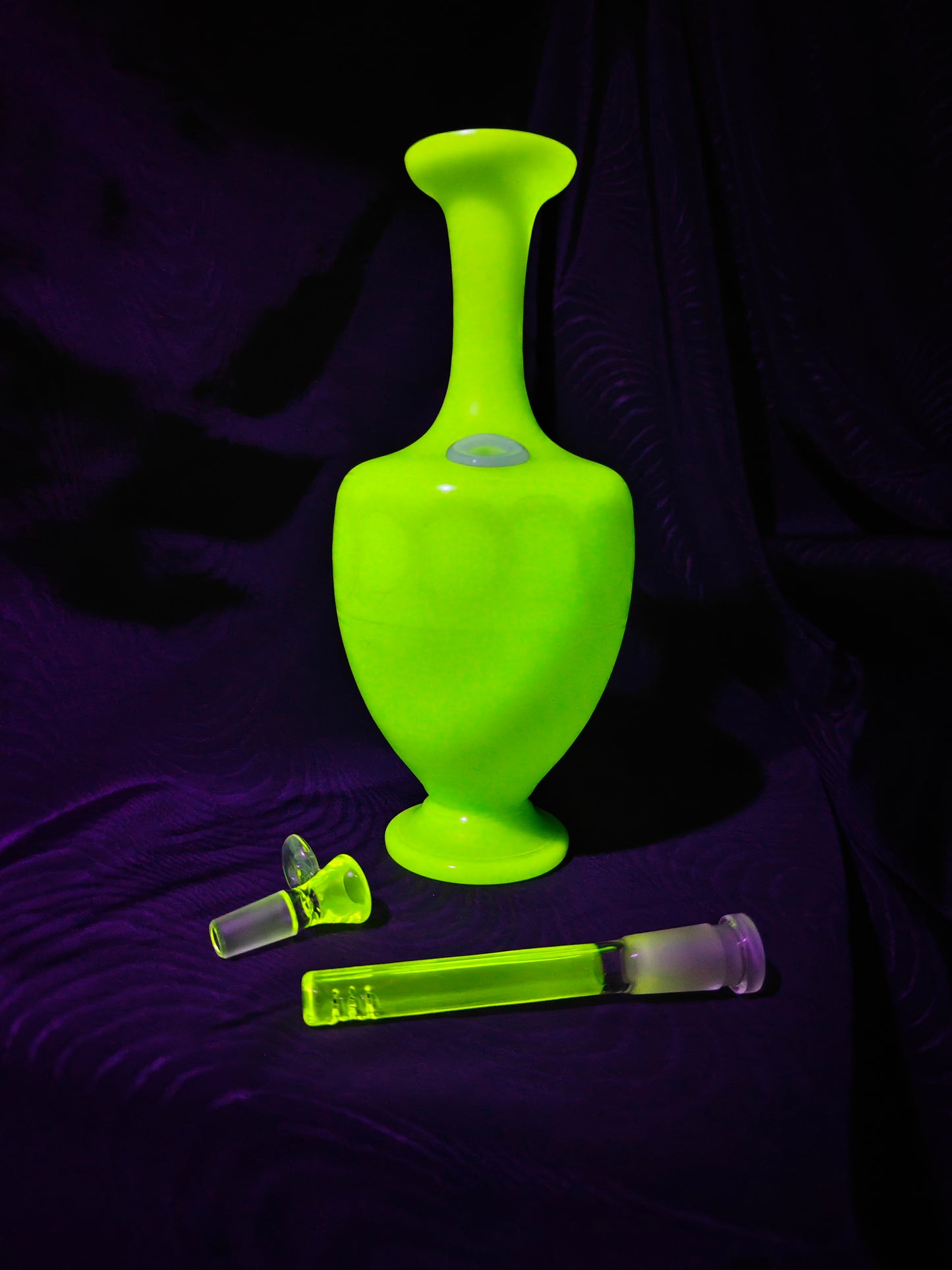 1890s french jadeite uranium glass bong with hand blown UV stem and bowl